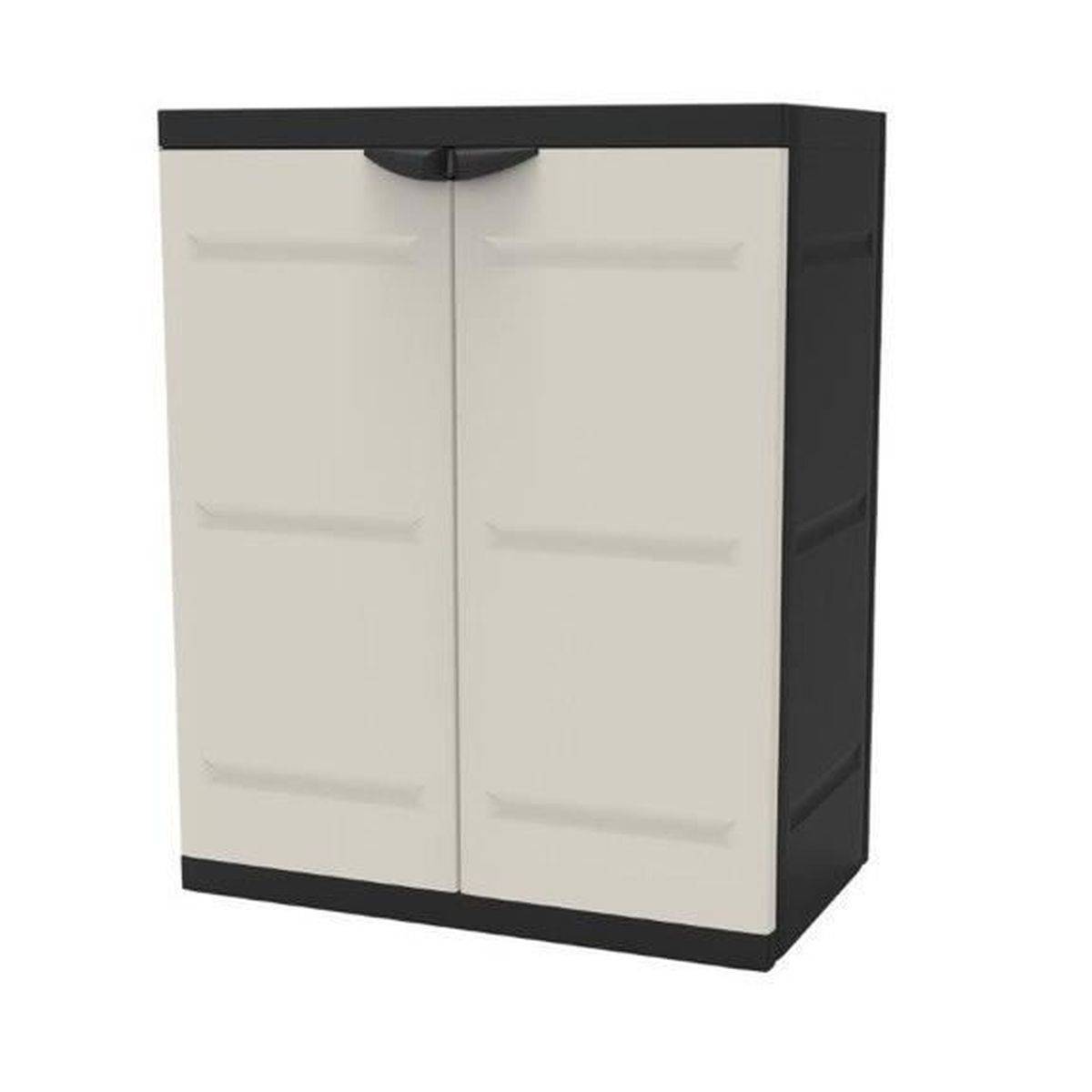Armoire basse TITANIUM 2 portes avec étagères fixes 70 x 44 x 88 cm beige et noir - PLASTIKEN - Image 2