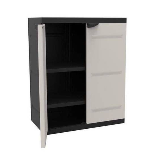 Armoire basse TITANIUM 2 portes avec étagères fixes 70 x 44 x 88 cm beige et noir - PLASTIKEN - Image 1