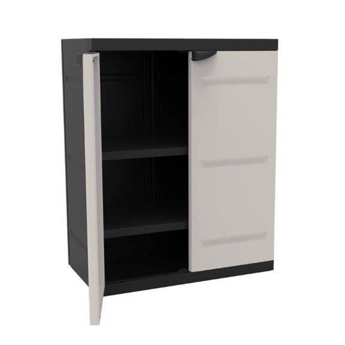 Armoire basse TITANIUM 2 portes avec étagères fixes 70 x 44 x 88 cm beige et noir - PLASTIKEN - Image 1