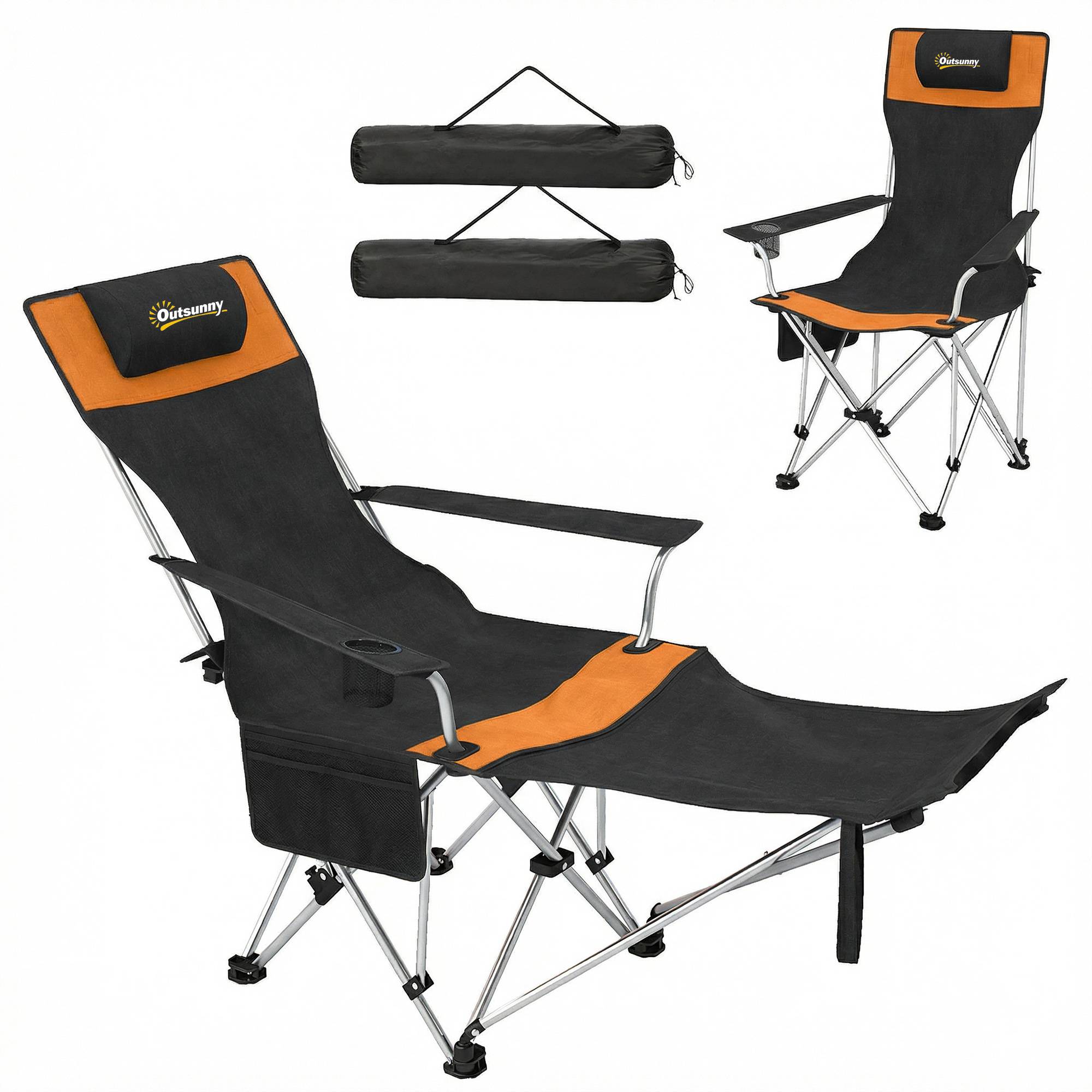 Lot de 2 chaises camping pliantes avec repose-pieds et porte-gobelet 82 x 50/100 x 88 cm noir orange extérieur - Image 2