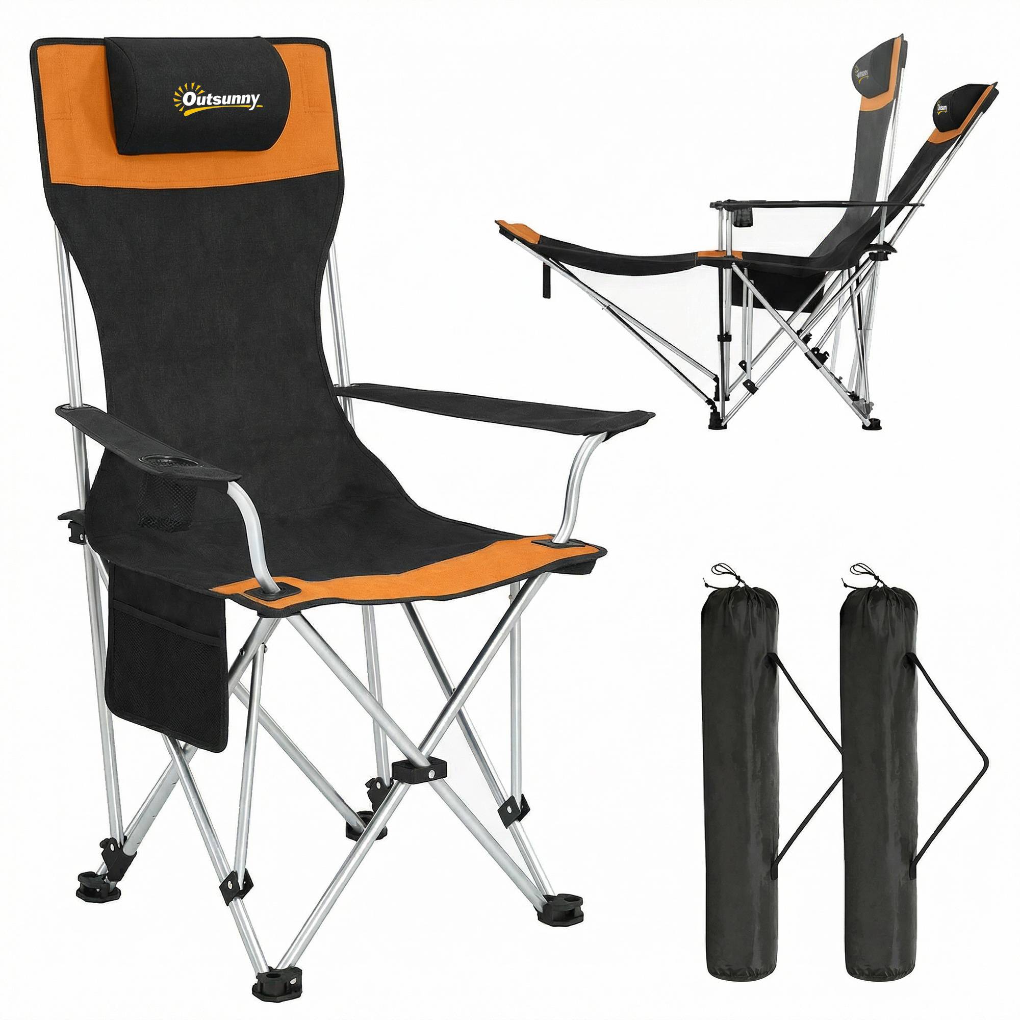Lot de 2 chaises camping pliantes avec repose-pieds et porte-gobelet 82 x 50/100 x 88 cm noir orange extérieur - Image 1