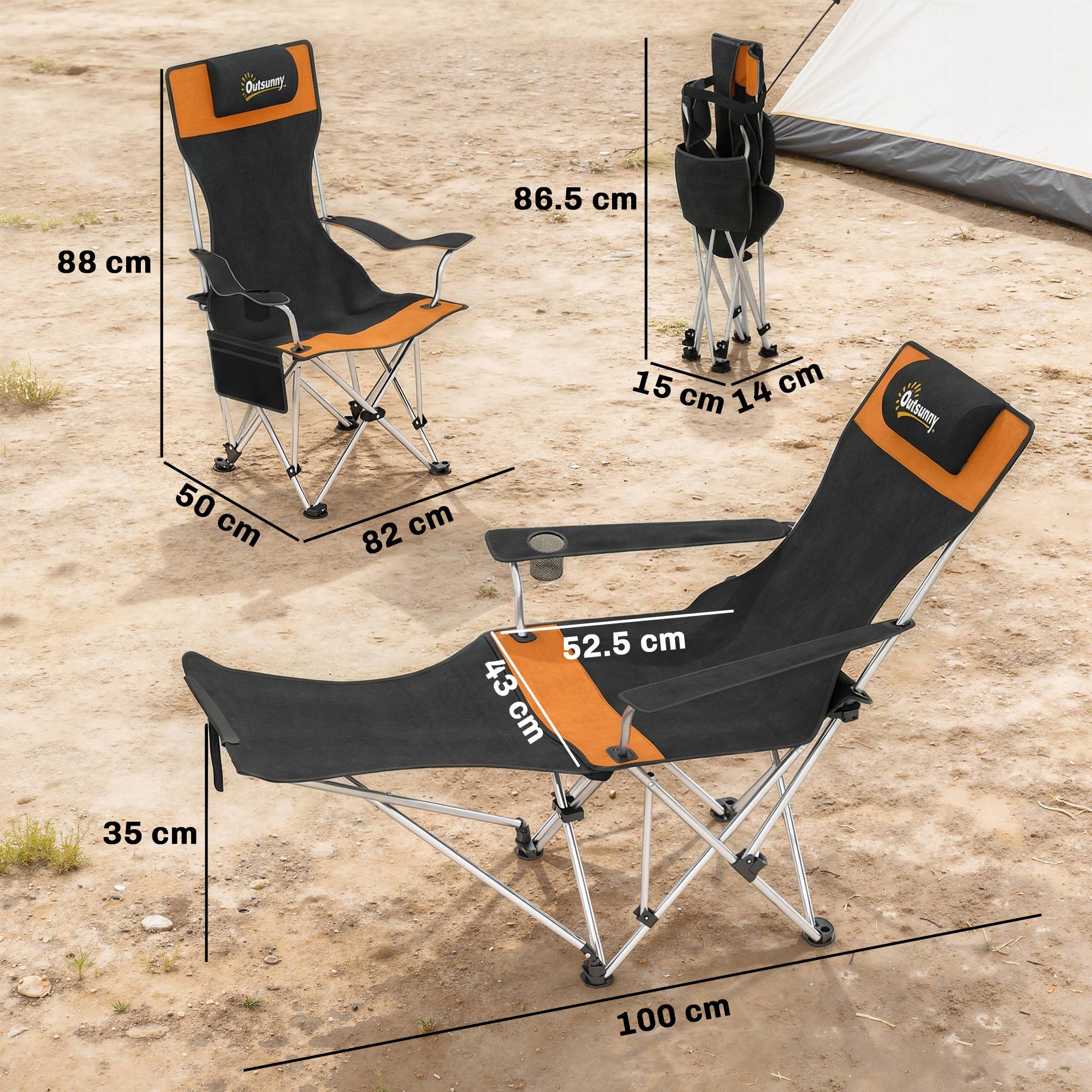 Lot de 2 chaises camping pliantes avec repose-pieds et porte-gobelet 82 x 50/100 x 88 cm noir orange extérieur - Image 5