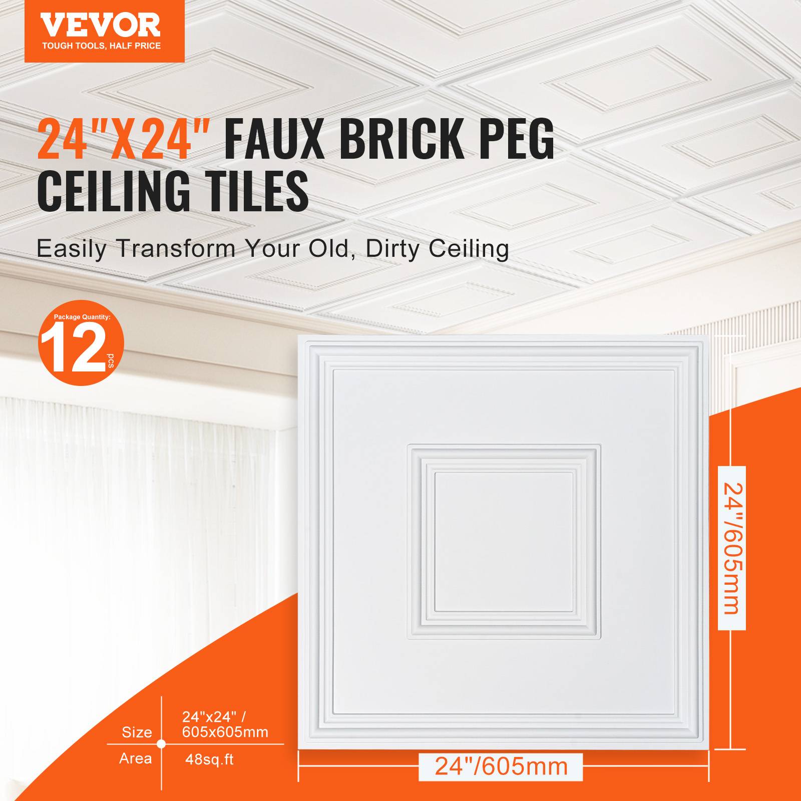 VEVOR Dalles plafond, lot 12, 24x24 po. PVC, installation facile, blanc. - Image 2