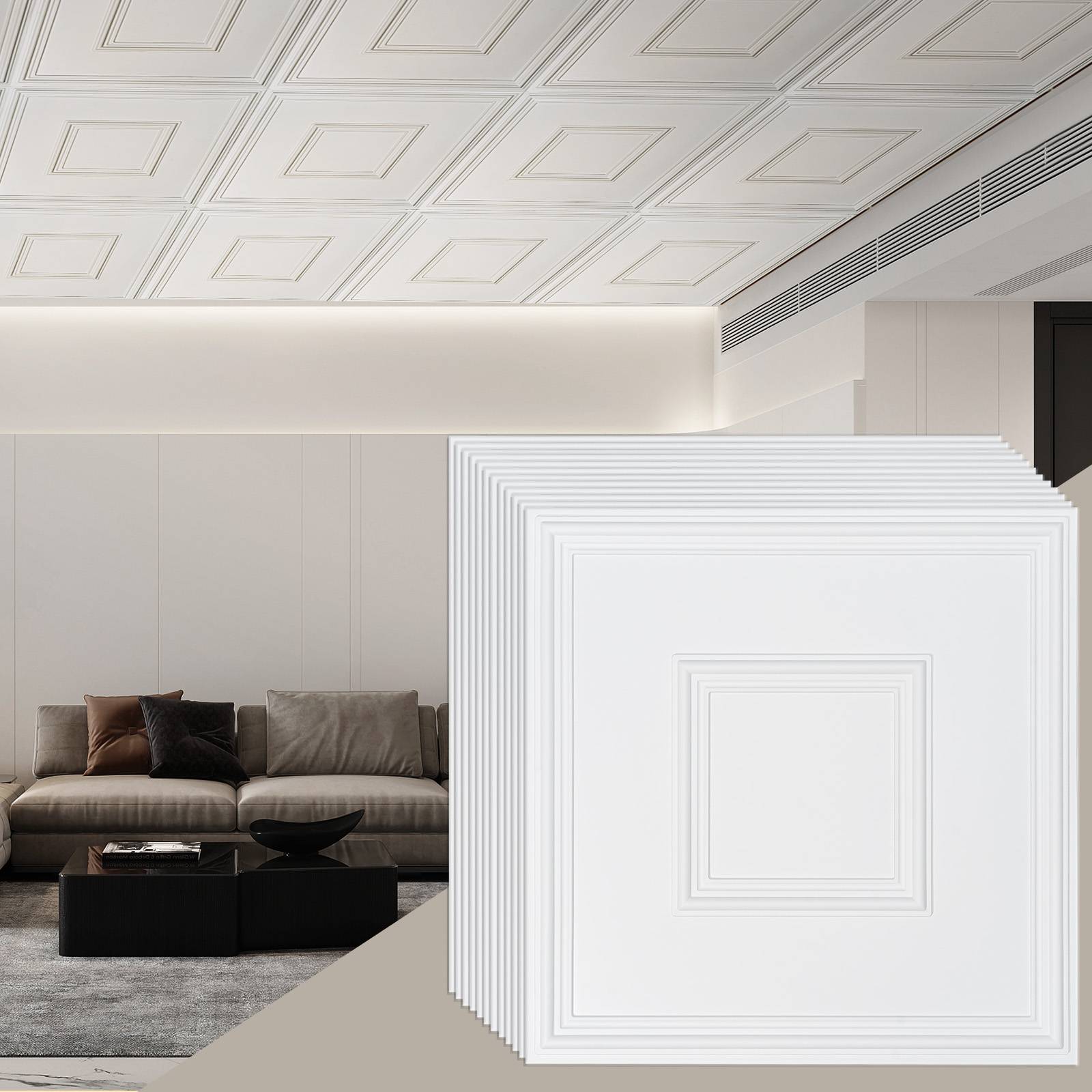 VEVOR Dalles plafond, lot 12, 24x24 po. PVC, installation facile, blanc. - Image 1