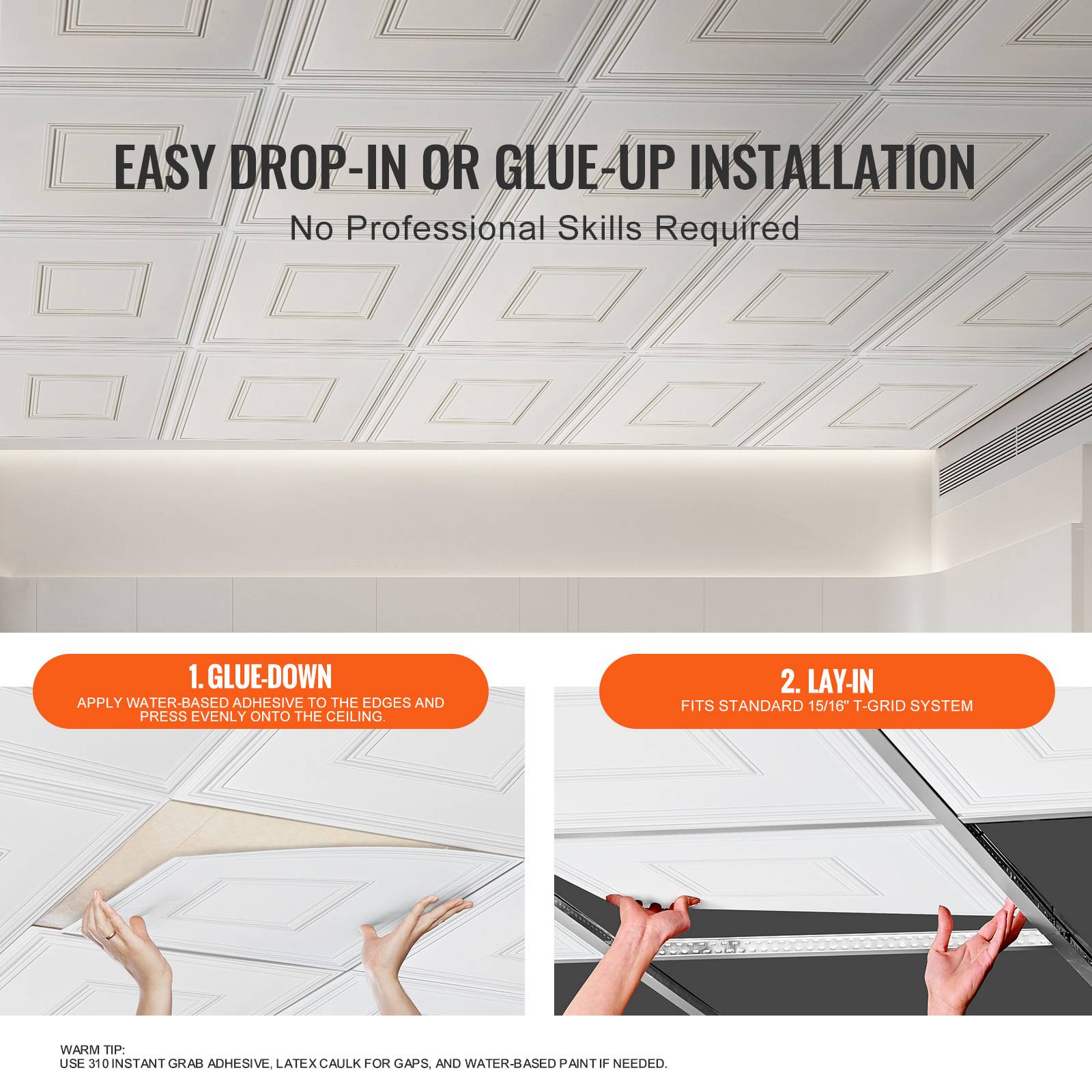VEVOR Dalles plafond, lot 12, 24x24 po. PVC, installation facile, blanc. - Image 5