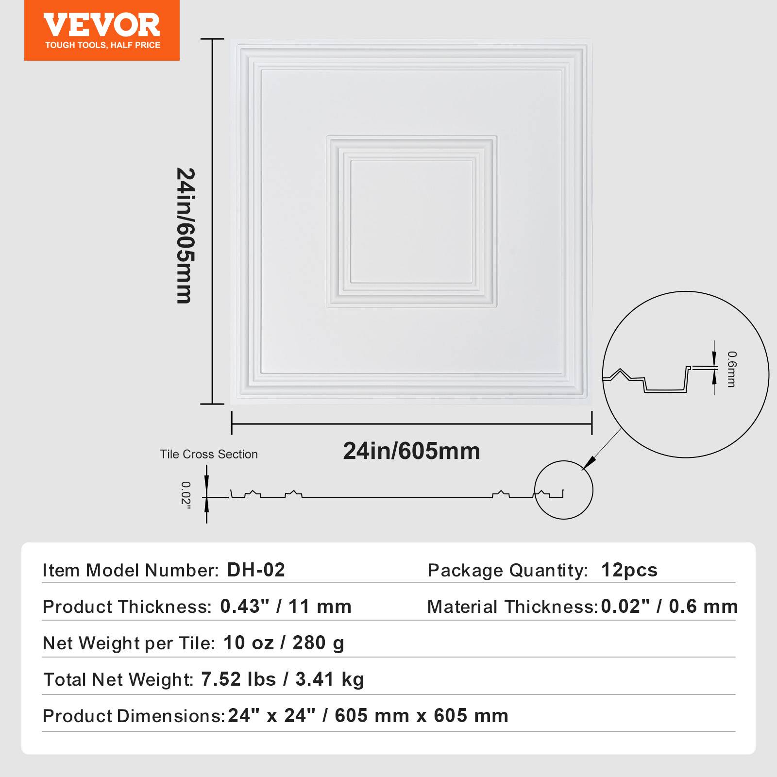 VEVOR Dalles plafond, lot 12, 24x24 po. PVC, installation facile, blanc. - Image 7