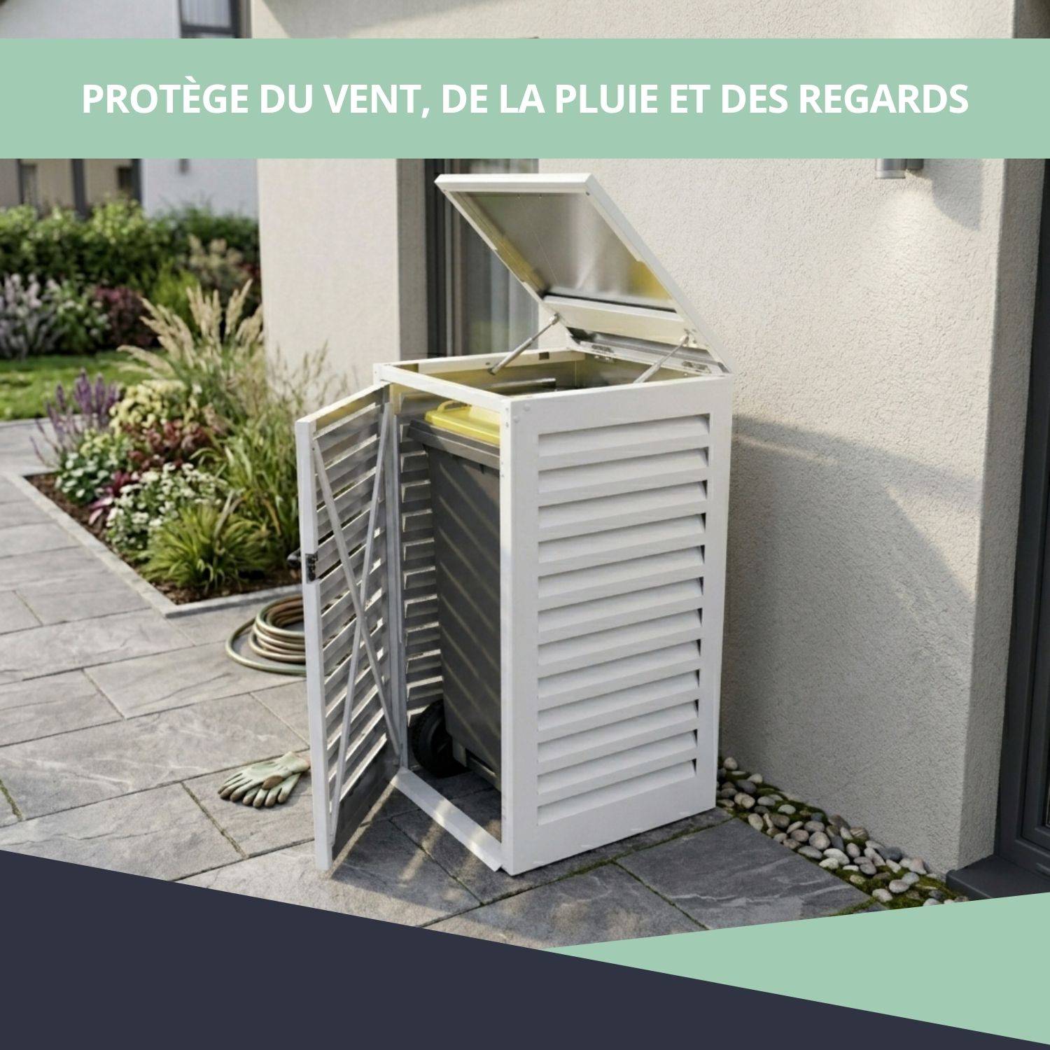 Cache Poubelle Extérieur Simple en Aluminium thermolaqué - Abri pour 1 conteneur 240 Litres – Blanc RAL 9010 - Image 4
