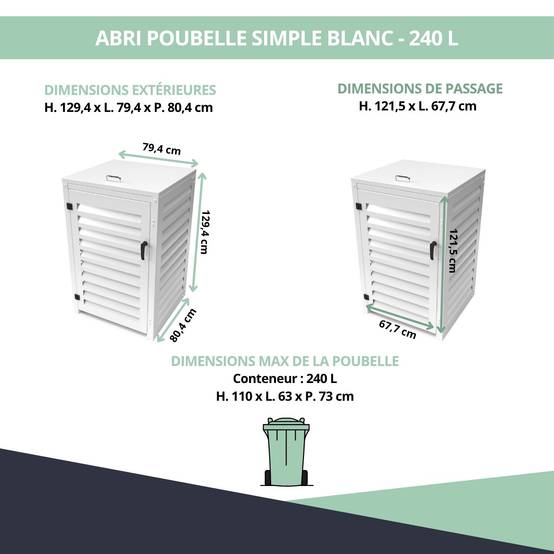 Cache Poubelle Extérieur Simple en Aluminium thermolaqué - Abri pour 1 conteneur 240 Litres – Blanc RAL 9010 - Image 3