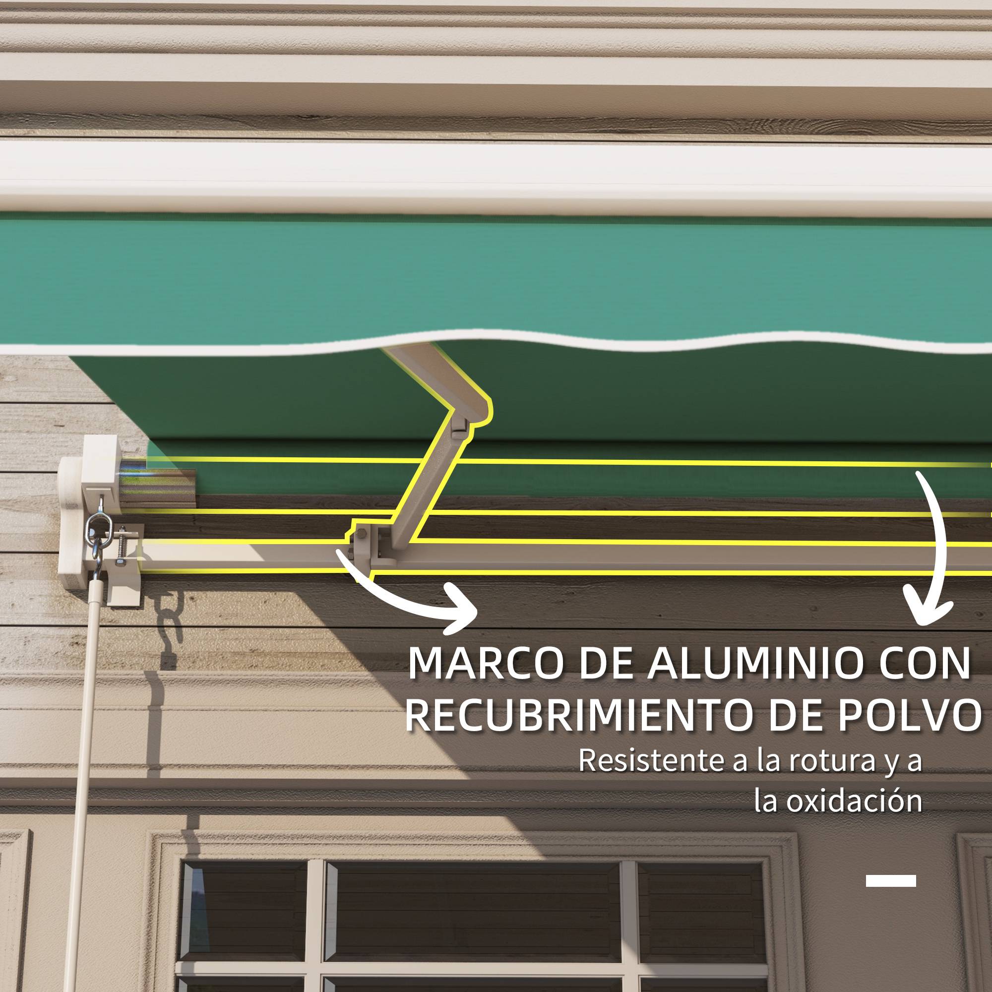 Store mural avec bras articulé et manivelle, structure robuste en aluminium et toile en polyester, 295 x 245 cm, vert - Image 8