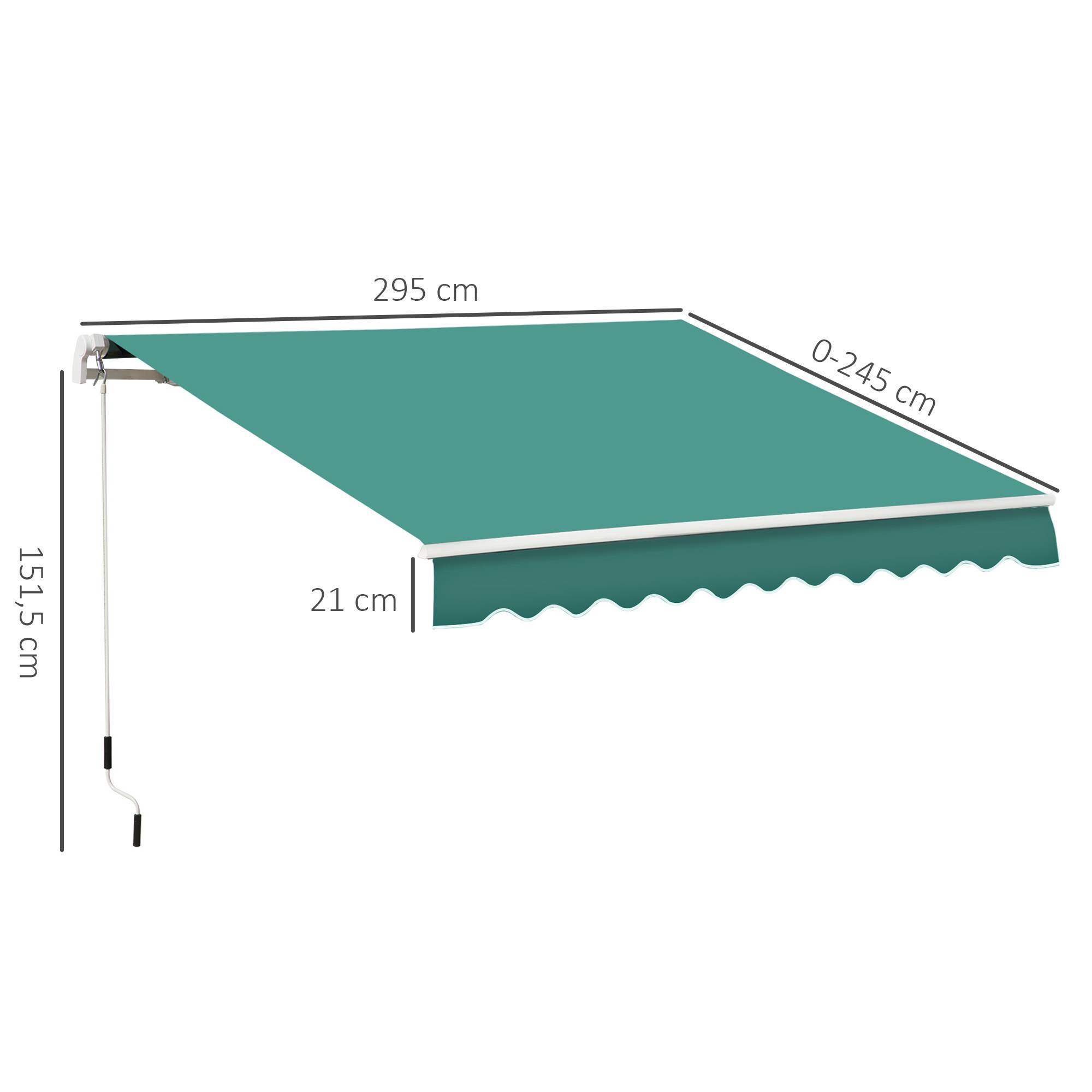 Store mural avec bras articulé et manivelle, structure robuste en aluminium et toile en polyester, 295 x 245 cm, vert - Image 5