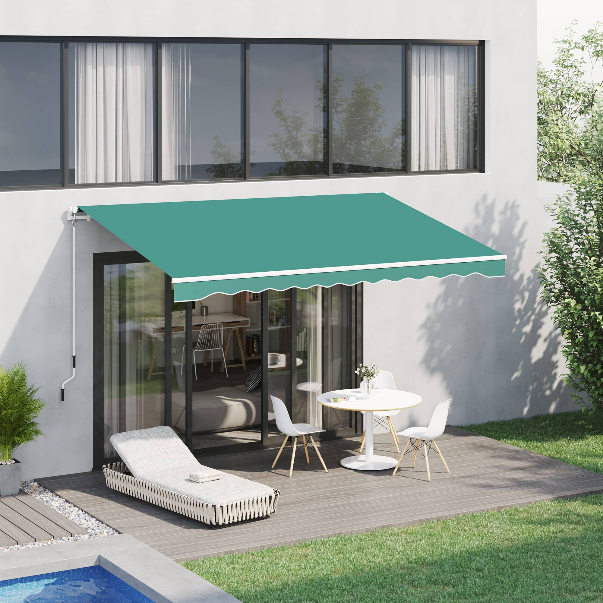 Store mural avec bras articulé et manivelle, structure robuste en aluminium et toile en polyester, 295 x 245 cm, vert - Image 3