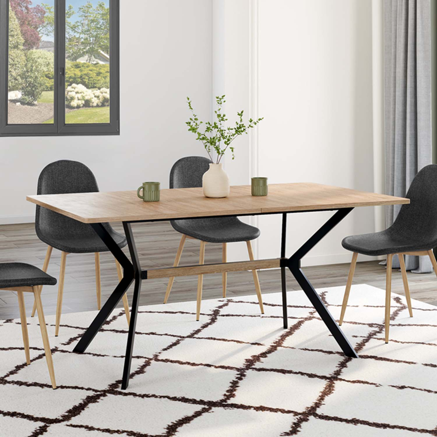Table à manger rectangle LOUISON 8 personnes bois et noir design industriel 160 cm - Image 1