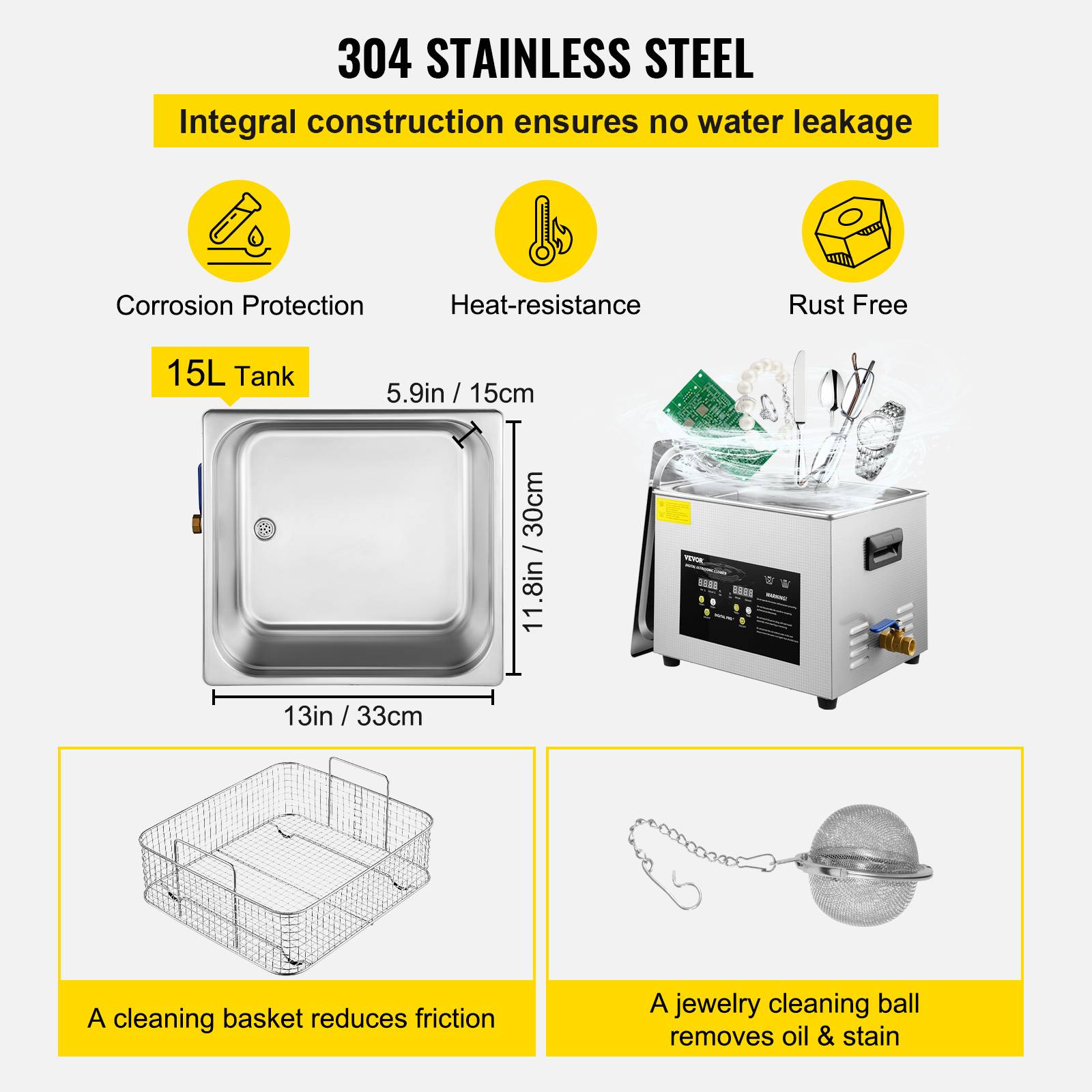 VEVOR Nettoyeur à Ultrasons Numérique 15 L avec Chauffage Minuterie 600 W 40 kHz - Image 5