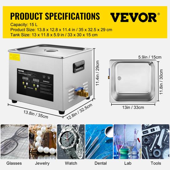 VEVOR Nettoyeur à Ultrasons Numérique 15 L avec Chauffage Minuterie 600 W 40 kHz - Image 7