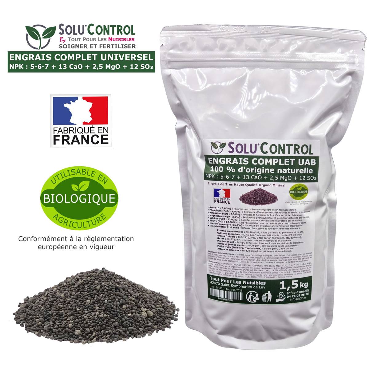 SOLU’CONTROL - 1,5 k d'ENGRAIS COMPLET universel et équilibré - UAB - Utilisable en Agriculture Biologique - Image 2