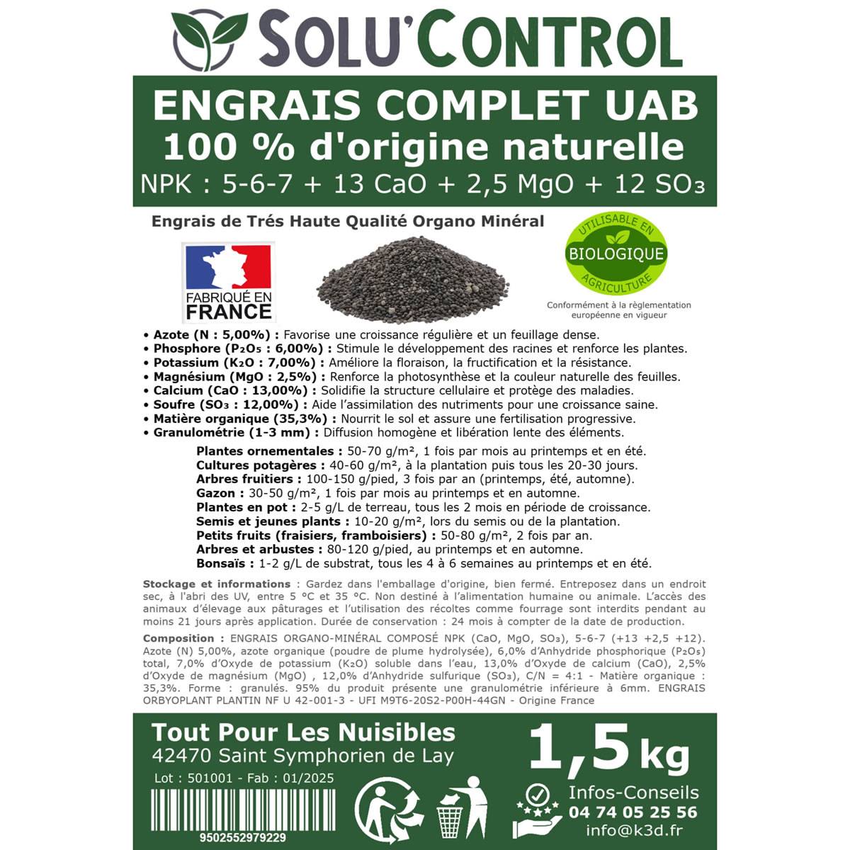 SOLU’CONTROL - 1,5 k d'ENGRAIS COMPLET universel et équilibré - UAB - Utilisable en Agriculture Biologique - Image 3