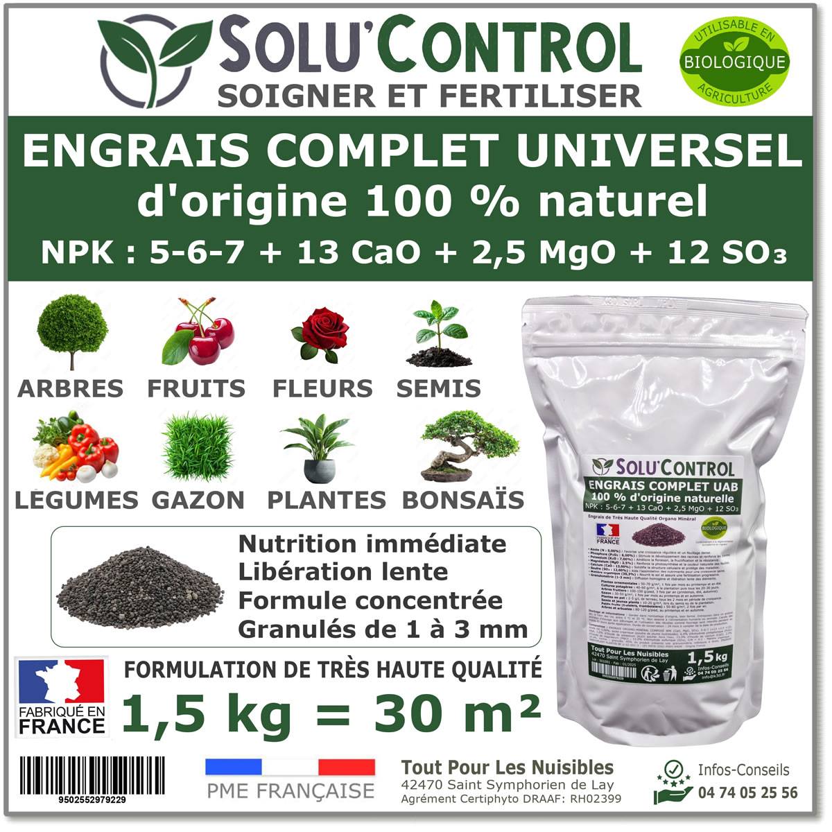 SOLU’CONTROL - 1,5 k d'ENGRAIS COMPLET universel et équilibré - UAB - Utilisable en Agriculture Biologique - Image 1