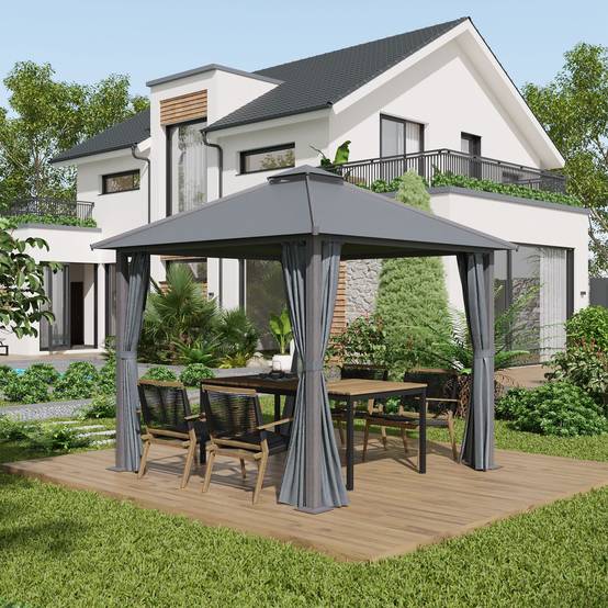 Tonnelle de jardin pour terrasse avec 4 parois latérales double toit protection solaire 3 x 3 m gris - Image 3