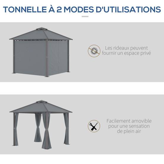 Tonnelle de jardin pour terrasse avec 4 parois latérales double toit protection solaire 3 x 3 m gris - Image 7