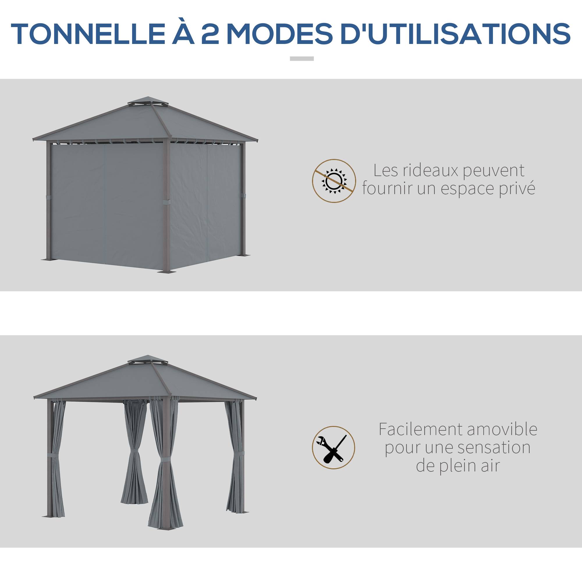 Tonnelle de jardin pour terrasse avec 4 parois latérales double toit protection solaire 3 x 3 m gris - Image 7