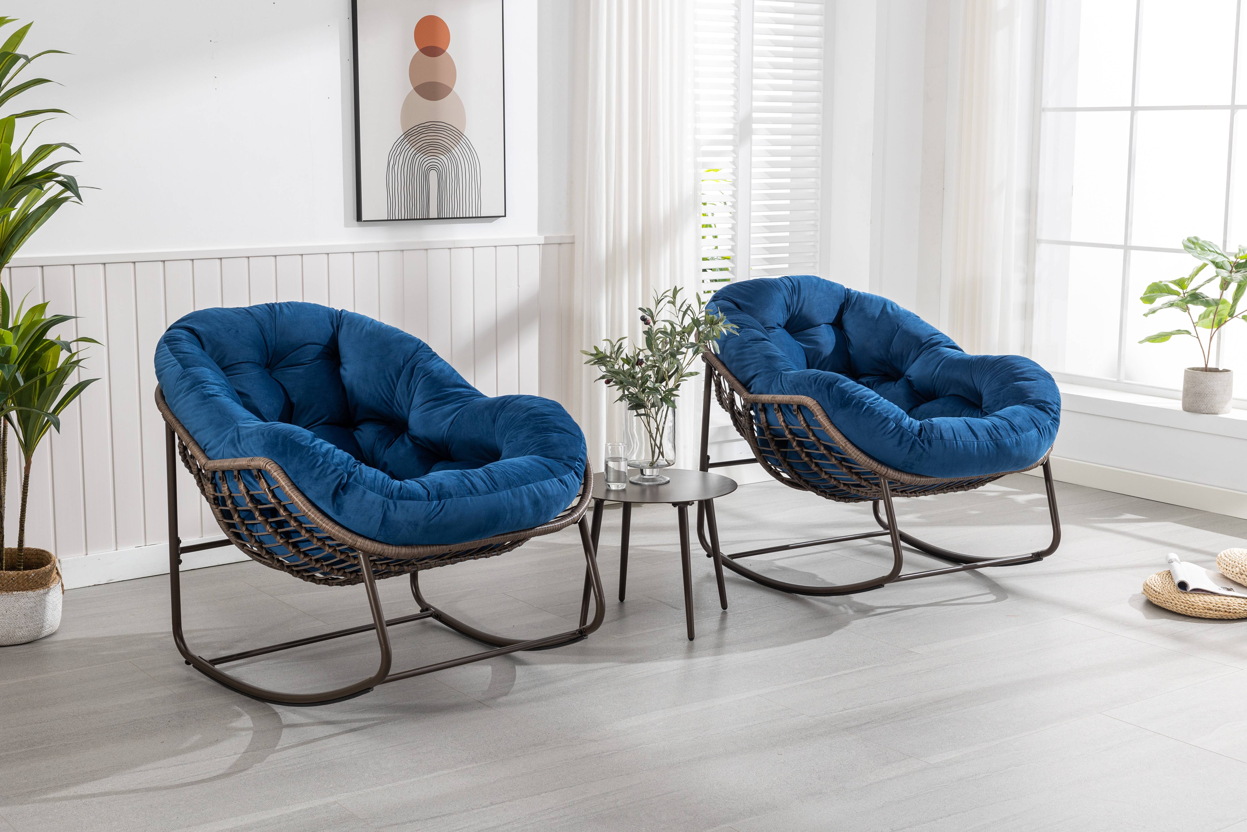 Fauteuil à Bascule en Résine Tressée Design Cocon Confortable pour Jardin et Véranda Bleu Marine - ComfortXL Outdoor Living - Image 9