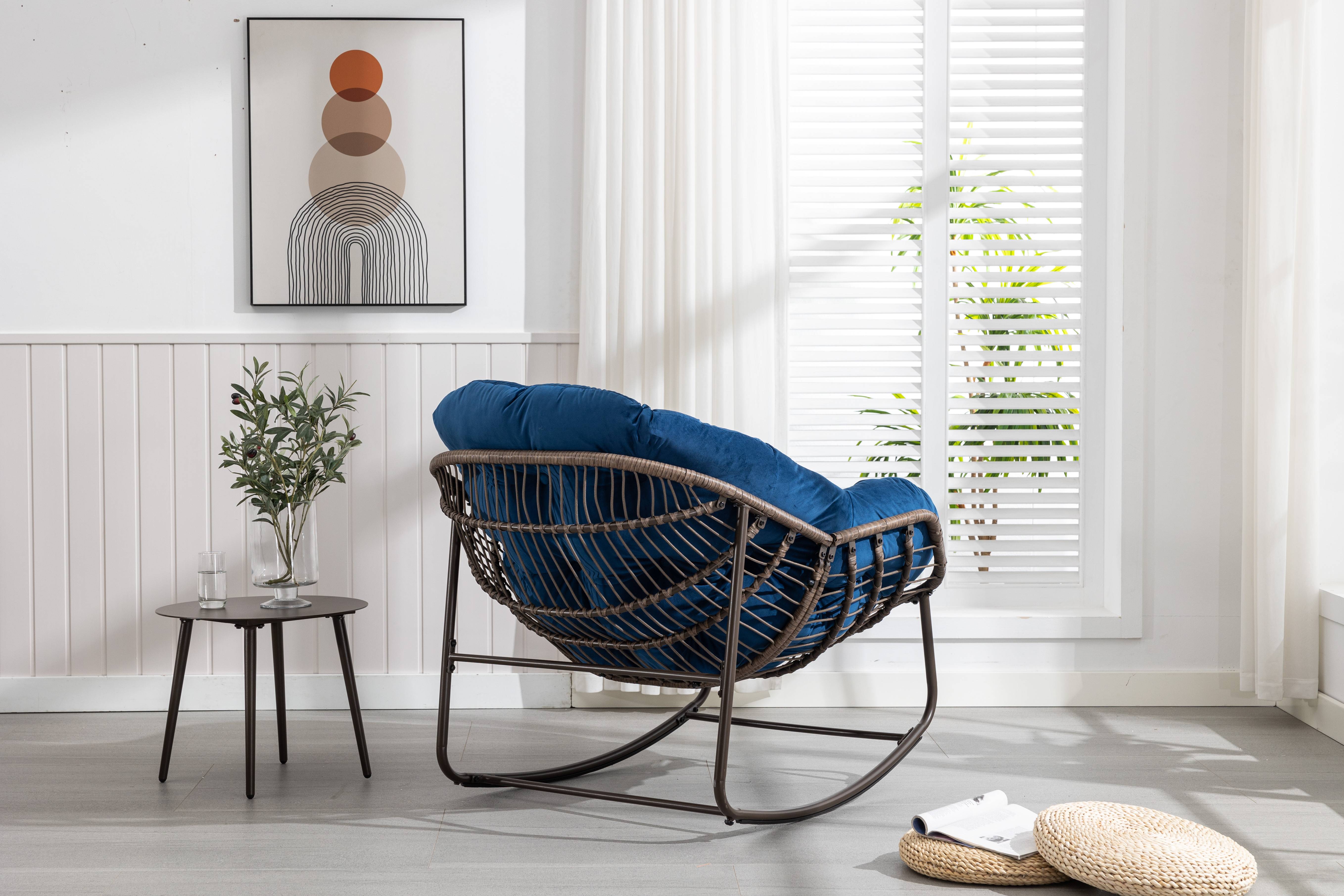 Fauteuil à Bascule en Résine Tressée Design Cocon Confortable pour Jardin et Véranda Bleu Marine - ComfortXL Outdoor Living - Image 1
