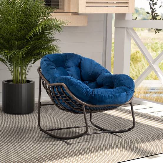 Fauteuil à Bascule en Résine Tressée Design Cocon Confortable pour Jardin et Véranda Bleu Marine - ComfortXL Outdoor Living - Image 3