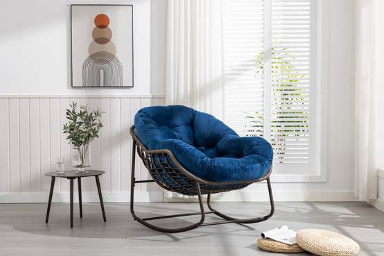 Fauteuil à Bascule en Résine Tressée Design Cocon Confortable pour Jardin et Véranda Bleu Marine - ComfortXL Outdoor Living - Image 2
