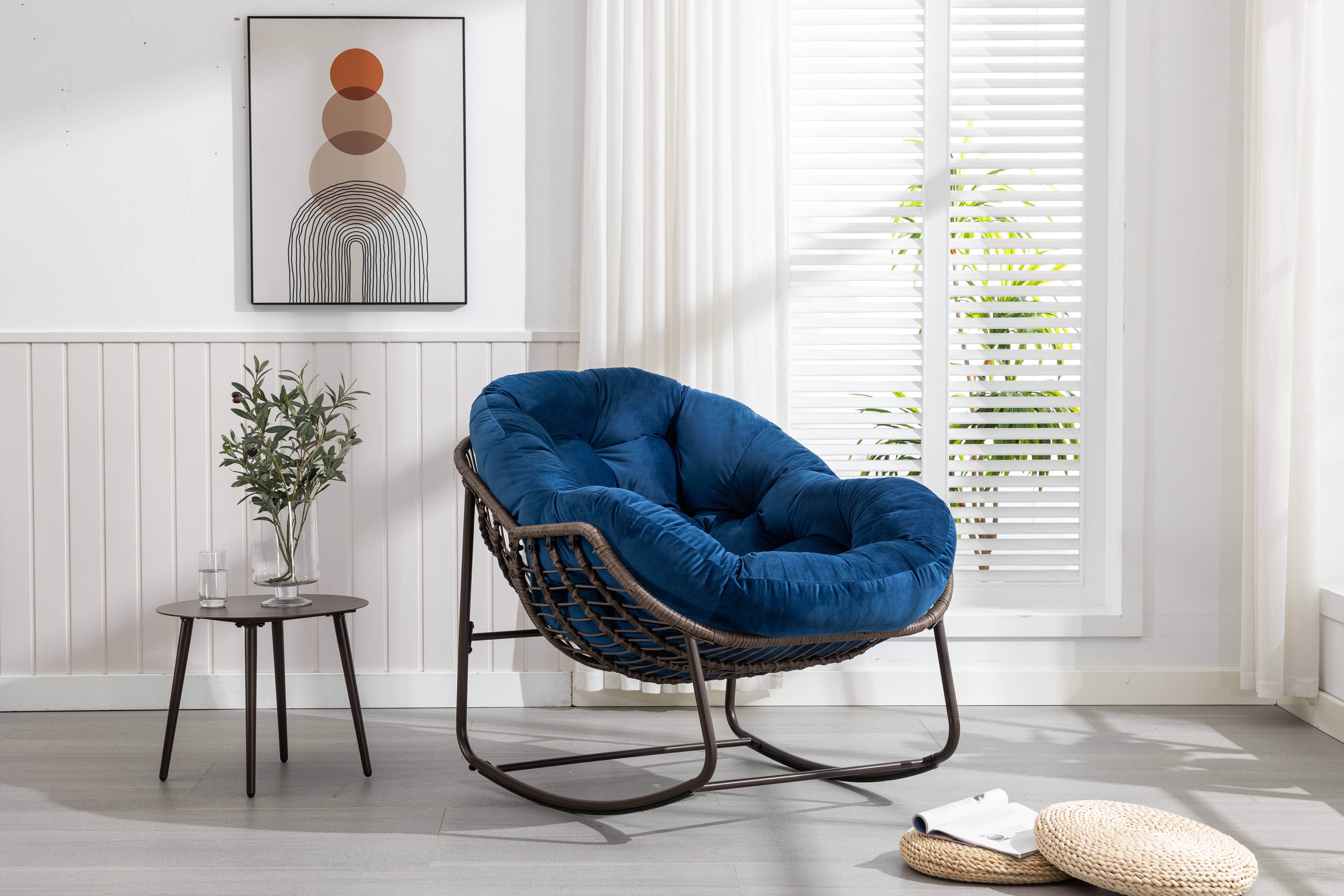 Fauteuil à Bascule en Résine Tressée Design Cocon Confortable pour Jardin et Véranda Bleu Marine - ComfortXL Outdoor Living - Image 2