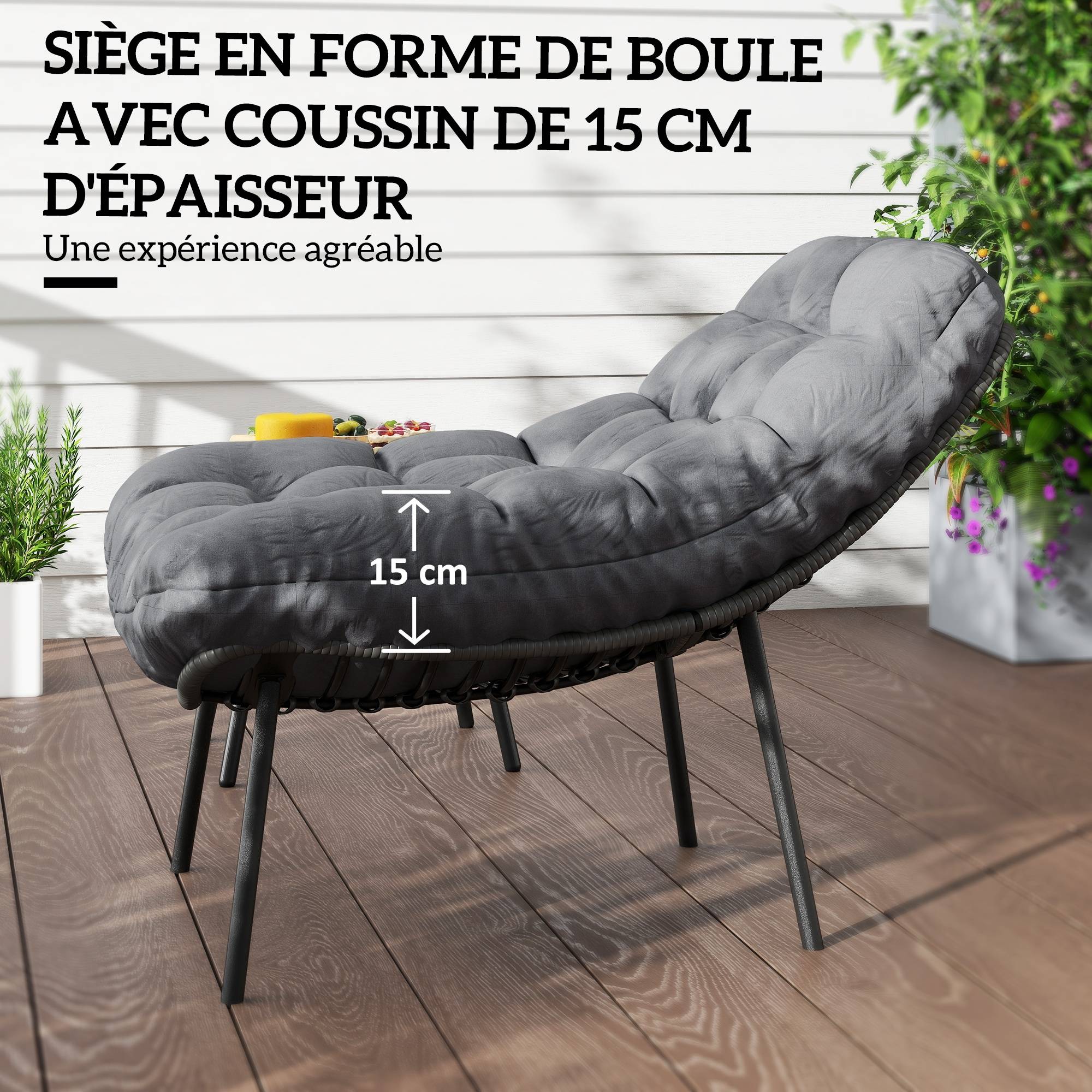 Salon de Jardin extérieur en résine tressée 2 personnes ensemble de meubles de jardin coussins de 15 cm d'épaisseur gris - Image 7