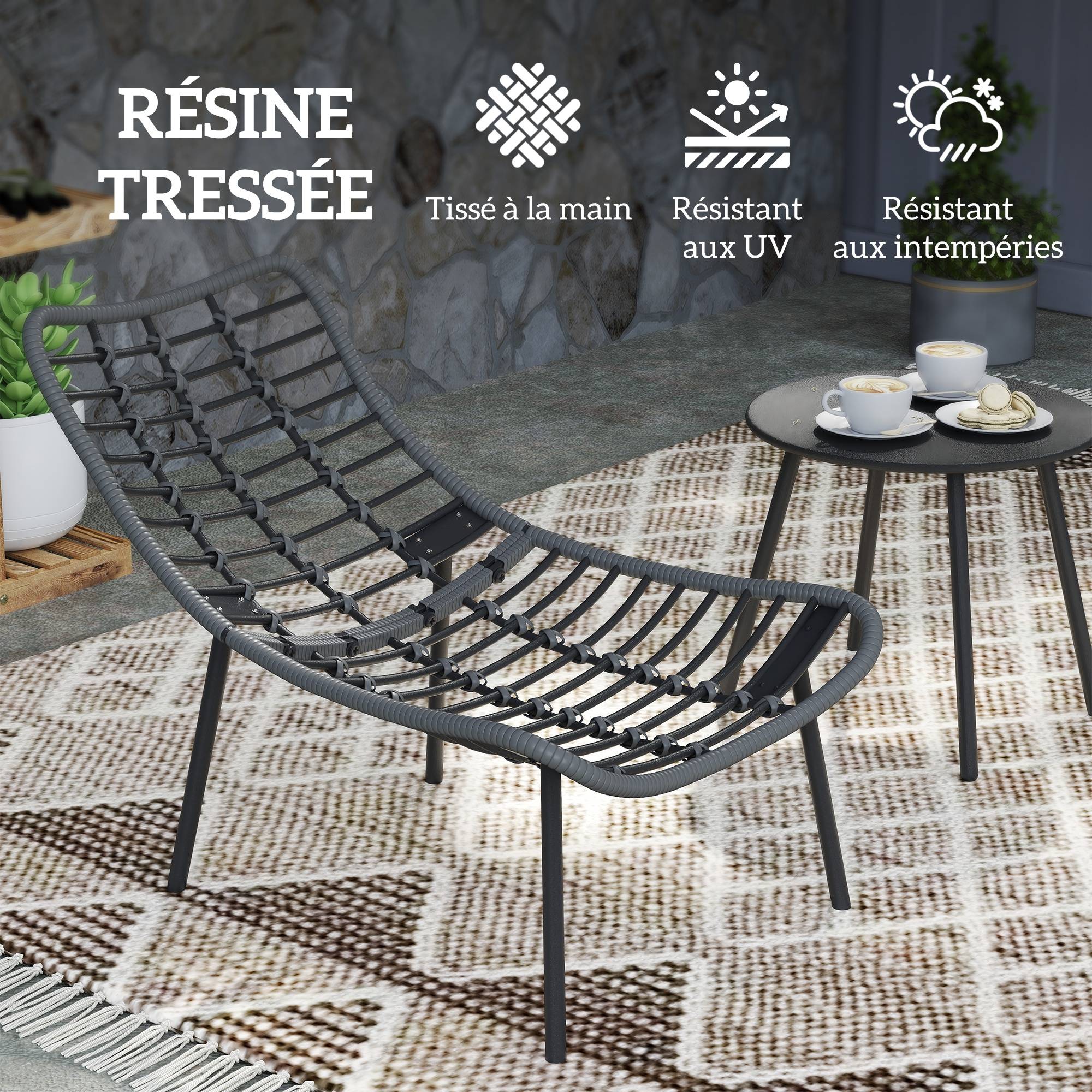 Salon de Jardin extérieur en résine tressée 2 personnes ensemble de meubles de jardin coussins de 15 cm d'épaisseur gris - Image 8