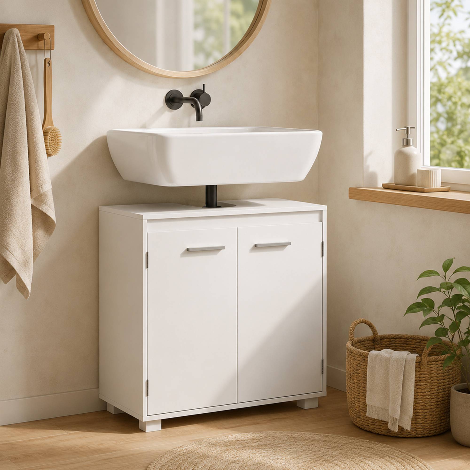 Sans Marque - Meuble vasque meuble salle bain moderne autoportant découpe U étagère réglable blanc - Image 3