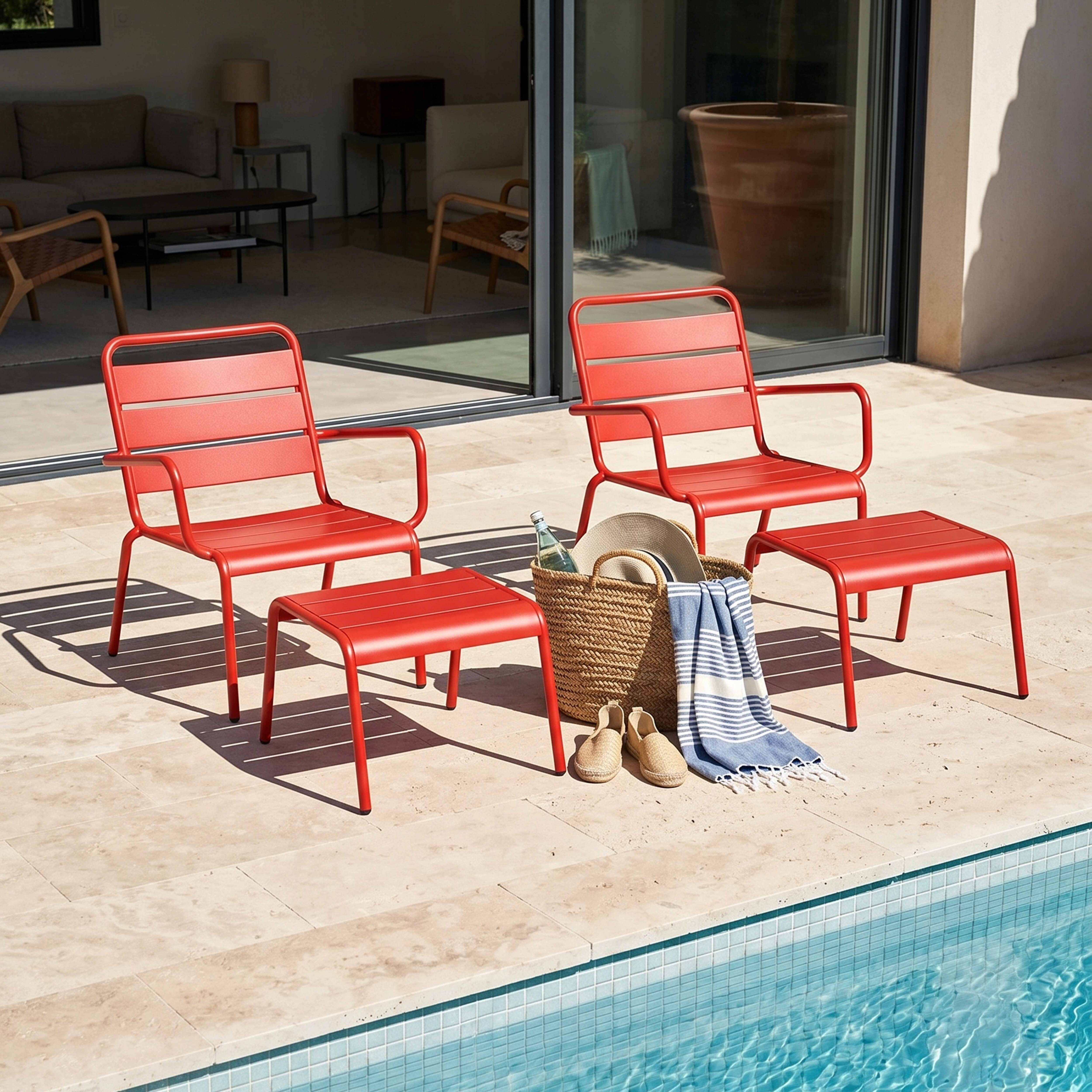 Oviala - Lot de 2 fauteuils relax avec repose-pieds en métal rouge Palavas - Oviala - Image 2