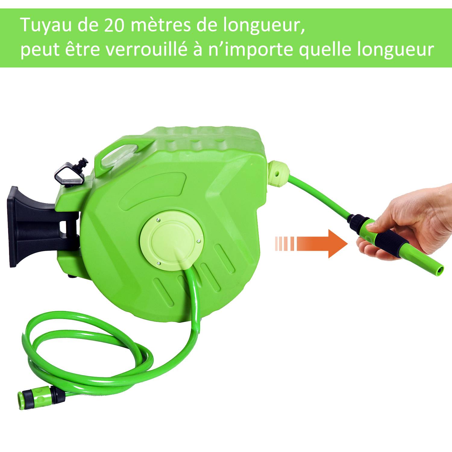 Outsunny - Dévidoir mural enrouleur automatique pivotant 180° tuyau 20 + 2 m avec lance arrosage support mural intégré vert - Outsunny - Image 6