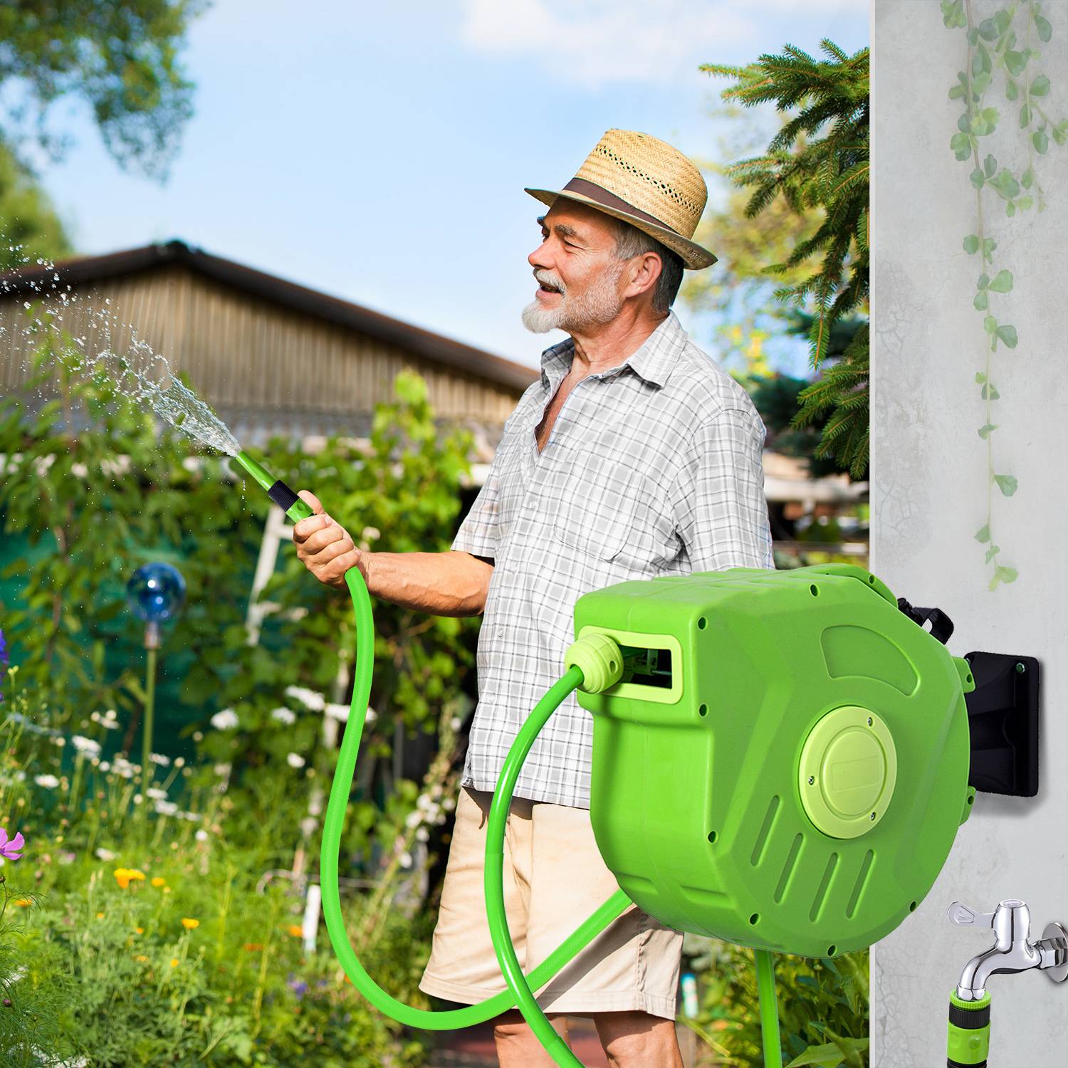 Outsunny - Dévidoir mural enrouleur automatique pivotant 180° tuyau 20 + 2 m avec lance arrosage support mural intégré vert - Outsunny - Image 2