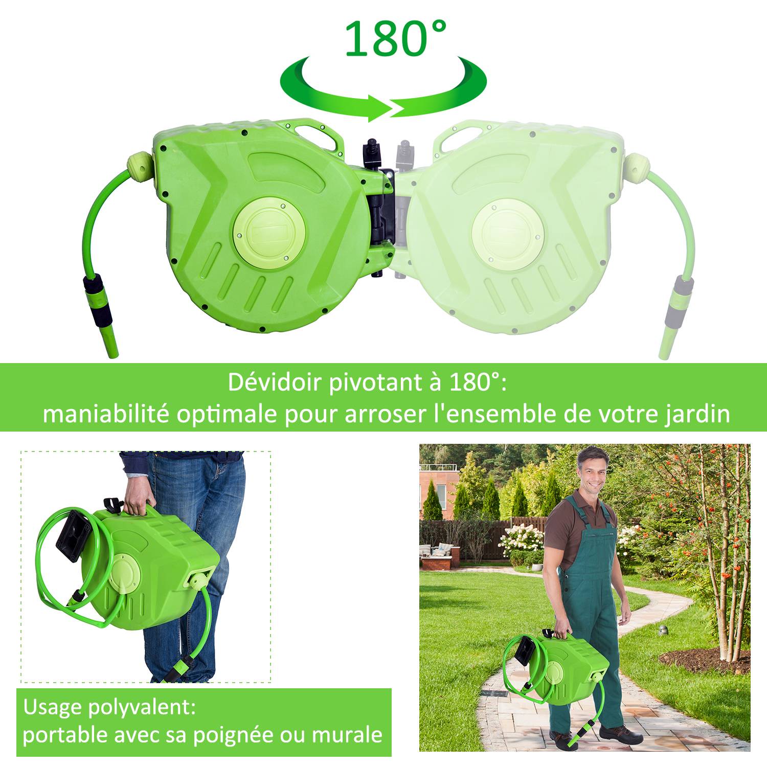 Outsunny - Dévidoir mural enrouleur automatique pivotant 180° tuyau 20 + 2 m avec lance arrosage support mural intégré vert - Outsunny - Image 5