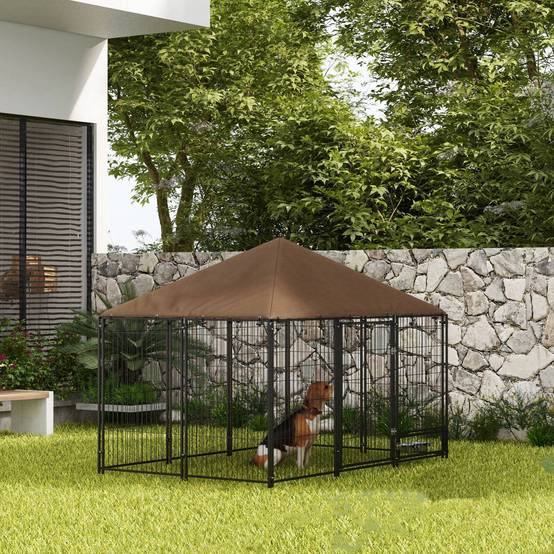 Grand chenil extérieur en acier pour chiens avec toit imperméable 211x141cm Marron - ComfortXL Outdoor Living - Image 4