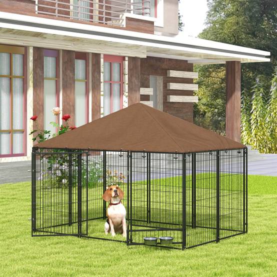 Grand chenil extérieur en acier pour chiens avec toit imperméable 211x141cm Marron - ComfortXL Outdoor Living - Image 3