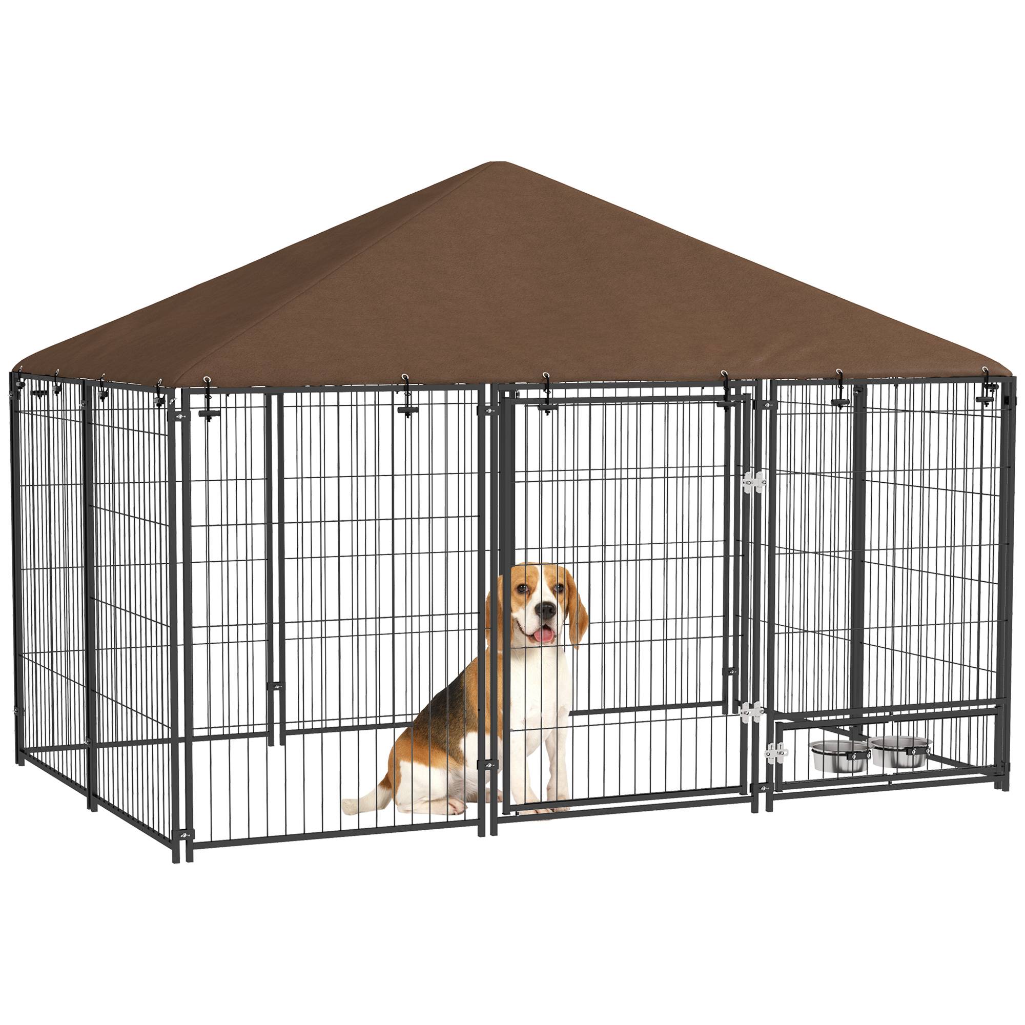 Grand chenil extérieur en acier pour chiens avec toit imperméable 211x141cm Marron - ComfortXL Outdoor Living - Image 1