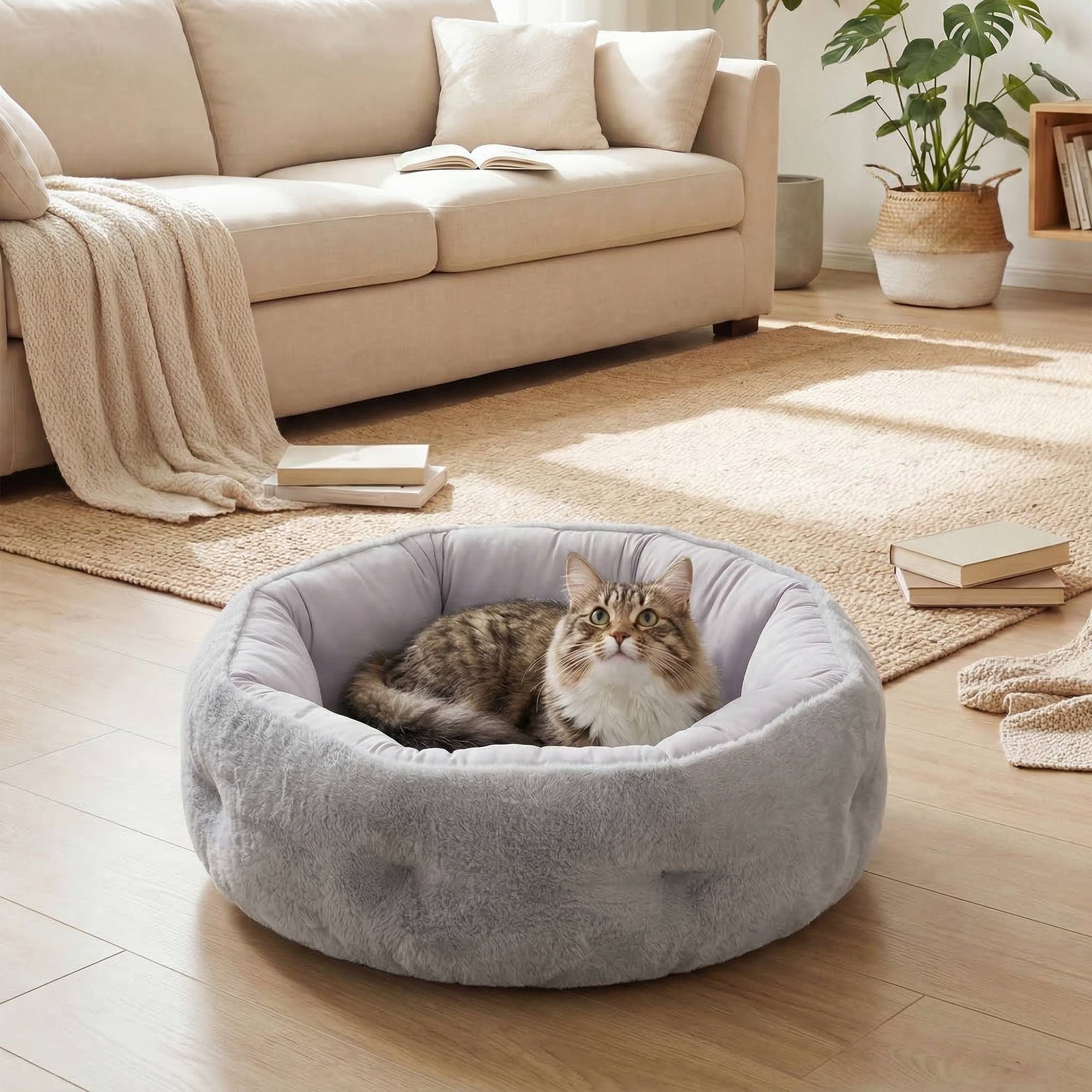 Lit chat chien réversible coussin peluche 4 saisons intérieur 62x62x21cm gris - ComfortXL Outdoor Living - Image 3