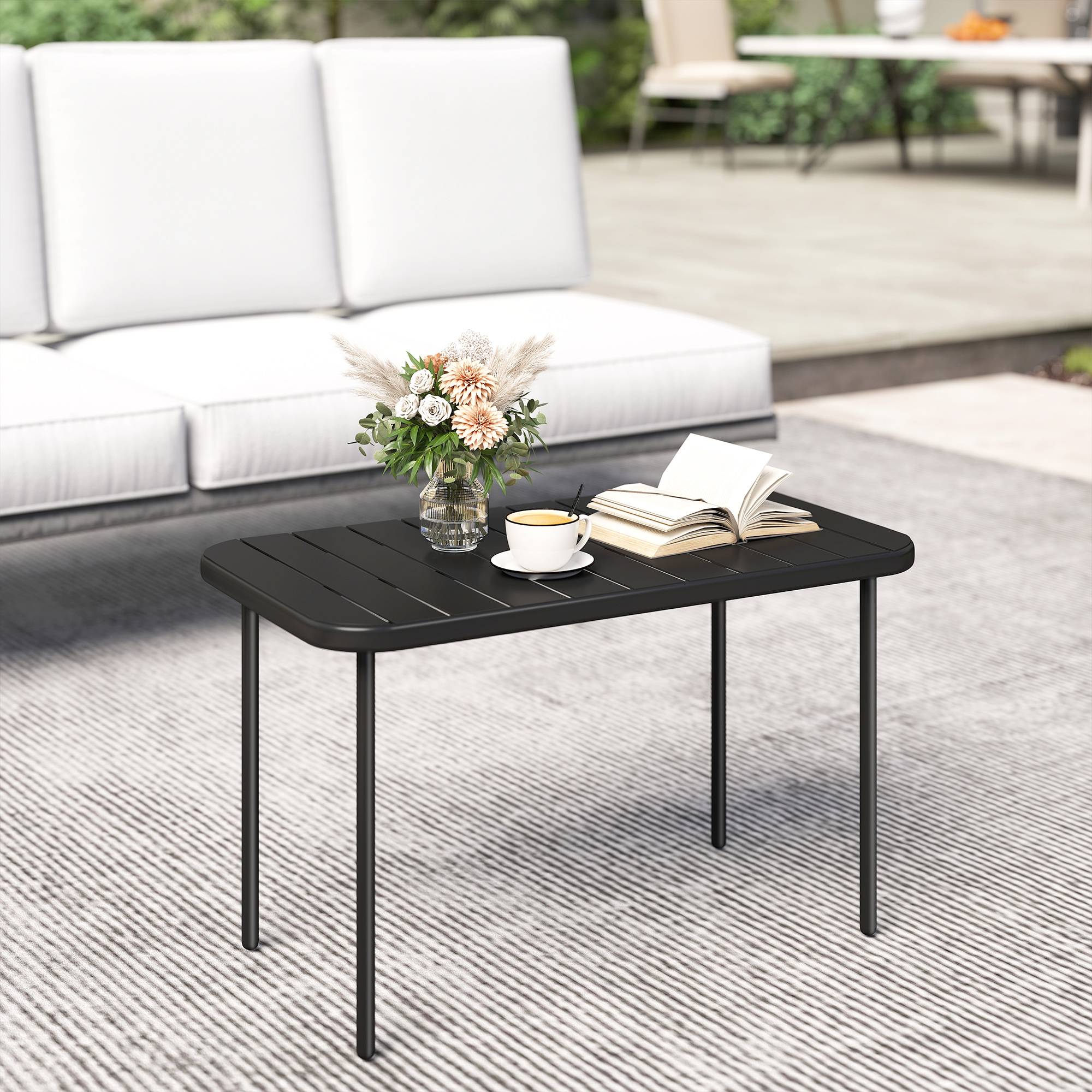 Table basse d'extérieur, table de patio rectangulaire en métal résistant aux intempéries avec plateau à lattes pour une utilisation en extérieur - Image 4