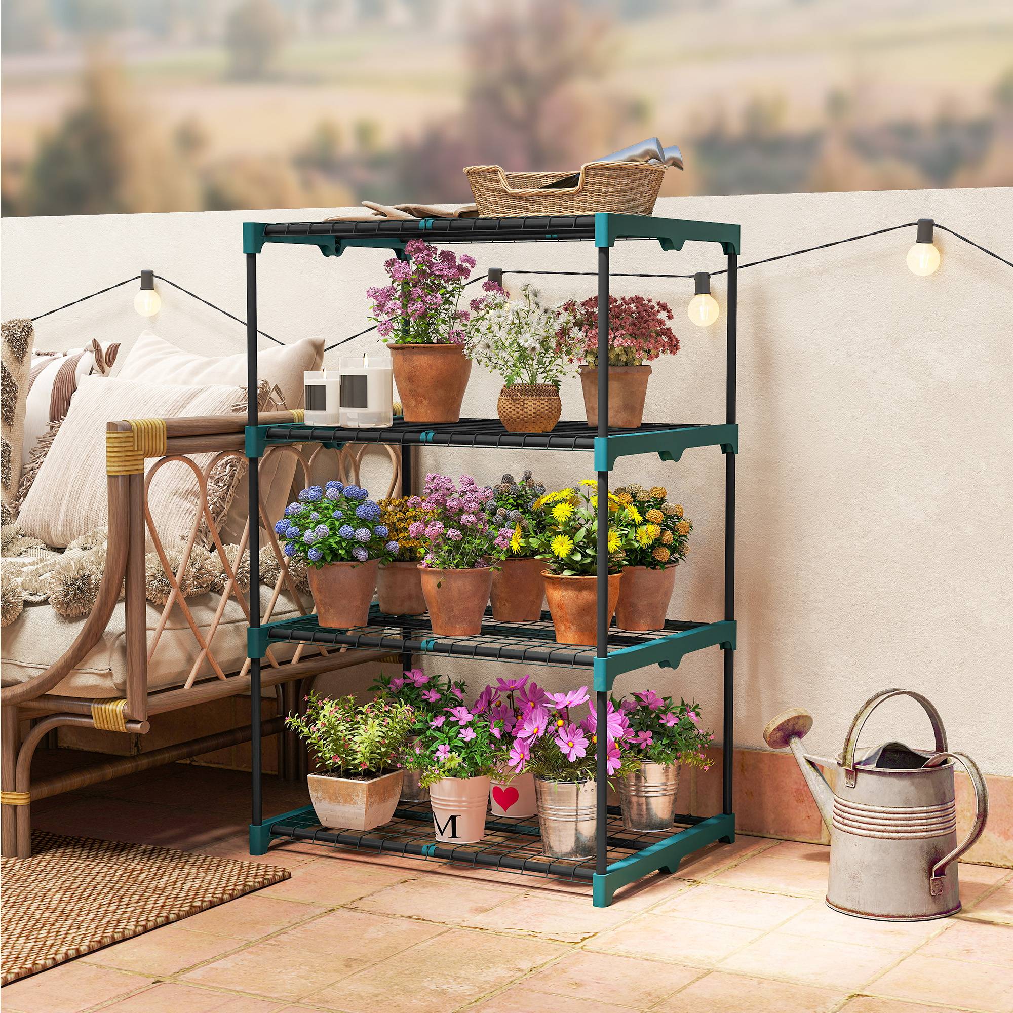 Sans Marque - Support plantes ouvert 4 niveaux acier plastique 67x49x105 cm vert foncé - Image 4