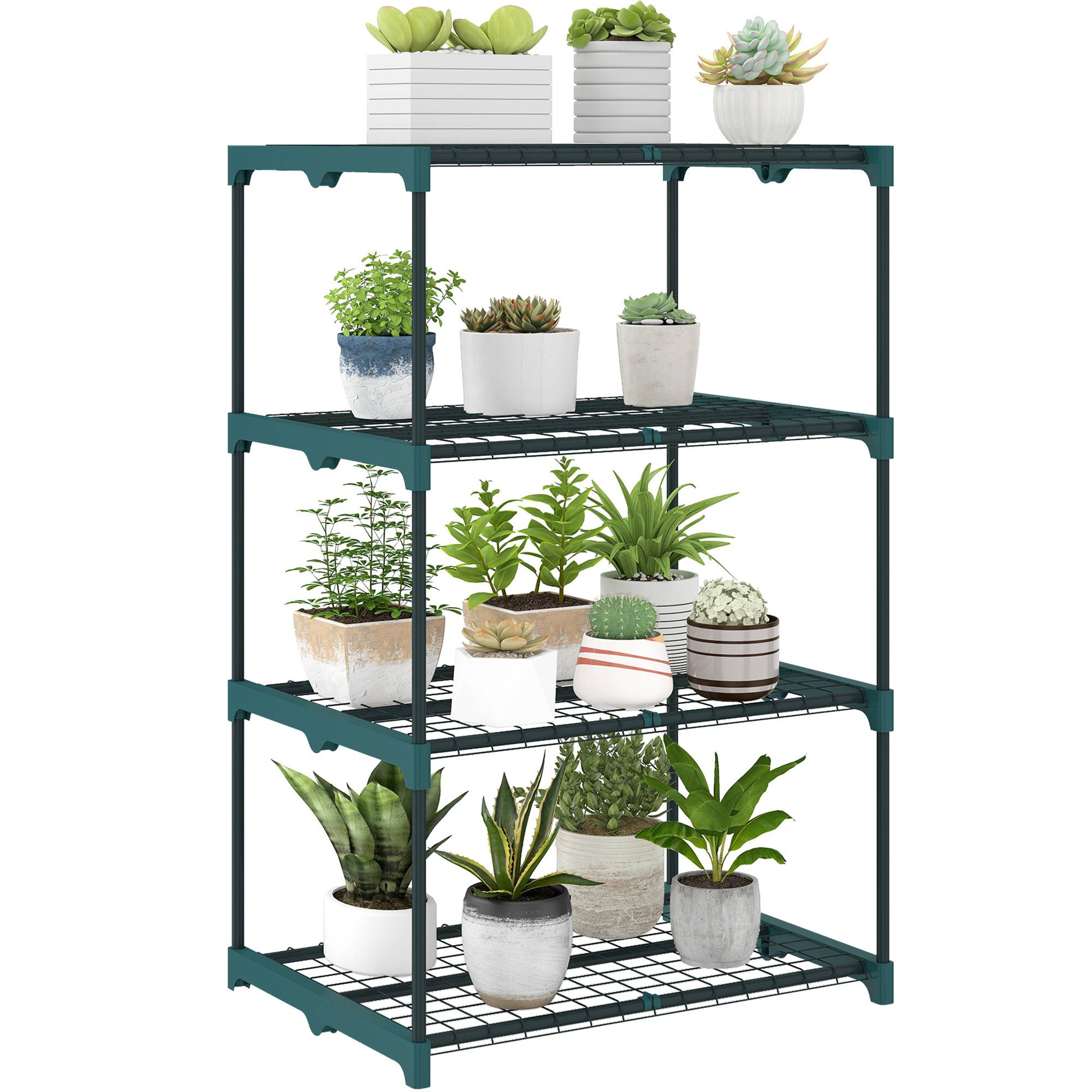 Sans Marque - Support plantes ouvert 4 niveaux acier plastique 67x49x105 cm vert foncé - Image 1