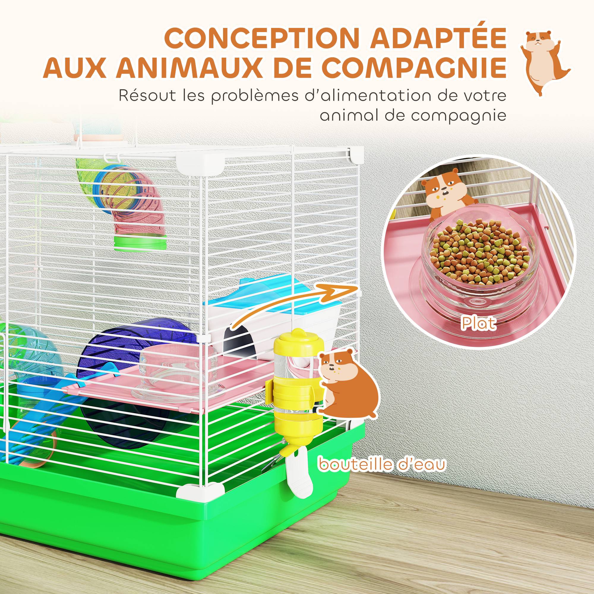 Cage hamster rongeur 2 niveaux tunnel, biberon, roue, maisonnette, échelles, 46x30x37cm, vert - Image 7