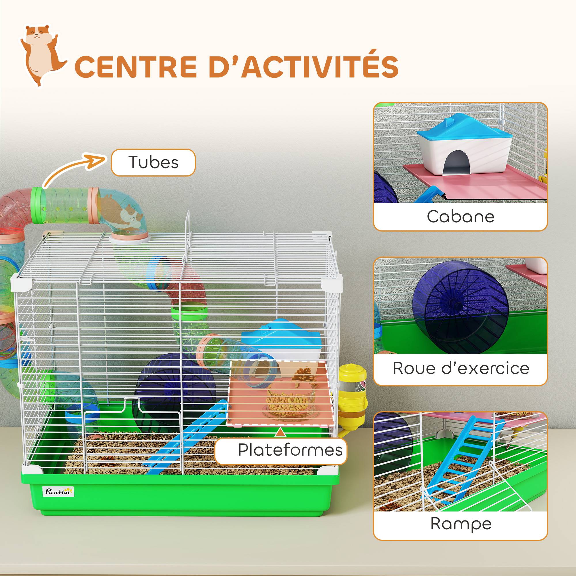 Cage hamster rongeur 2 niveaux tunnel, biberon, roue, maisonnette, échelles, 46x30x37cm, vert - Image 6