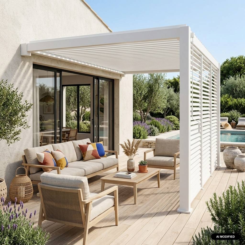 sweeek - Pergola bioclimatique aluminium adossée 4x3m + 3 persiennes 130cm blanc Triomphe | sweeek - Image 1