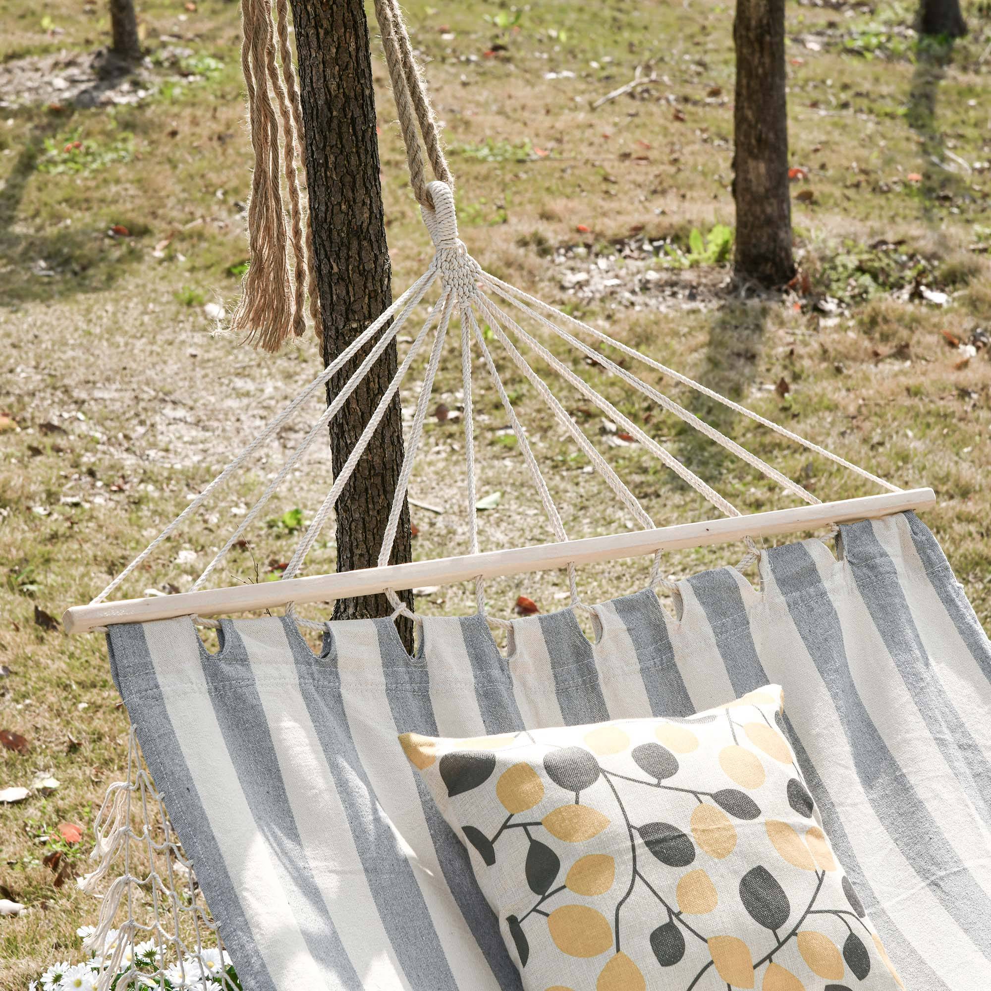 Hamac suspendu toile coton jardin terrasse design respirant 200x100cm gris écru rayé - ComfortXL Outdoor Living - Image 9