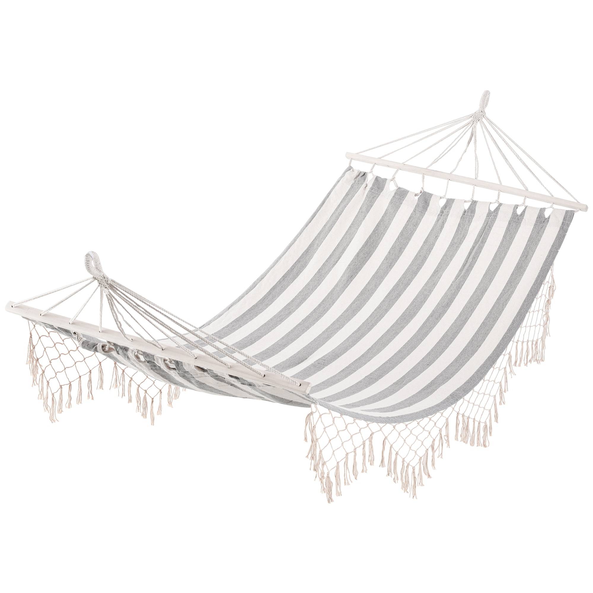 Hamac suspendu toile coton jardin terrasse design respirant 200x100cm gris écru rayé - ComfortXL Outdoor Living - Image 2