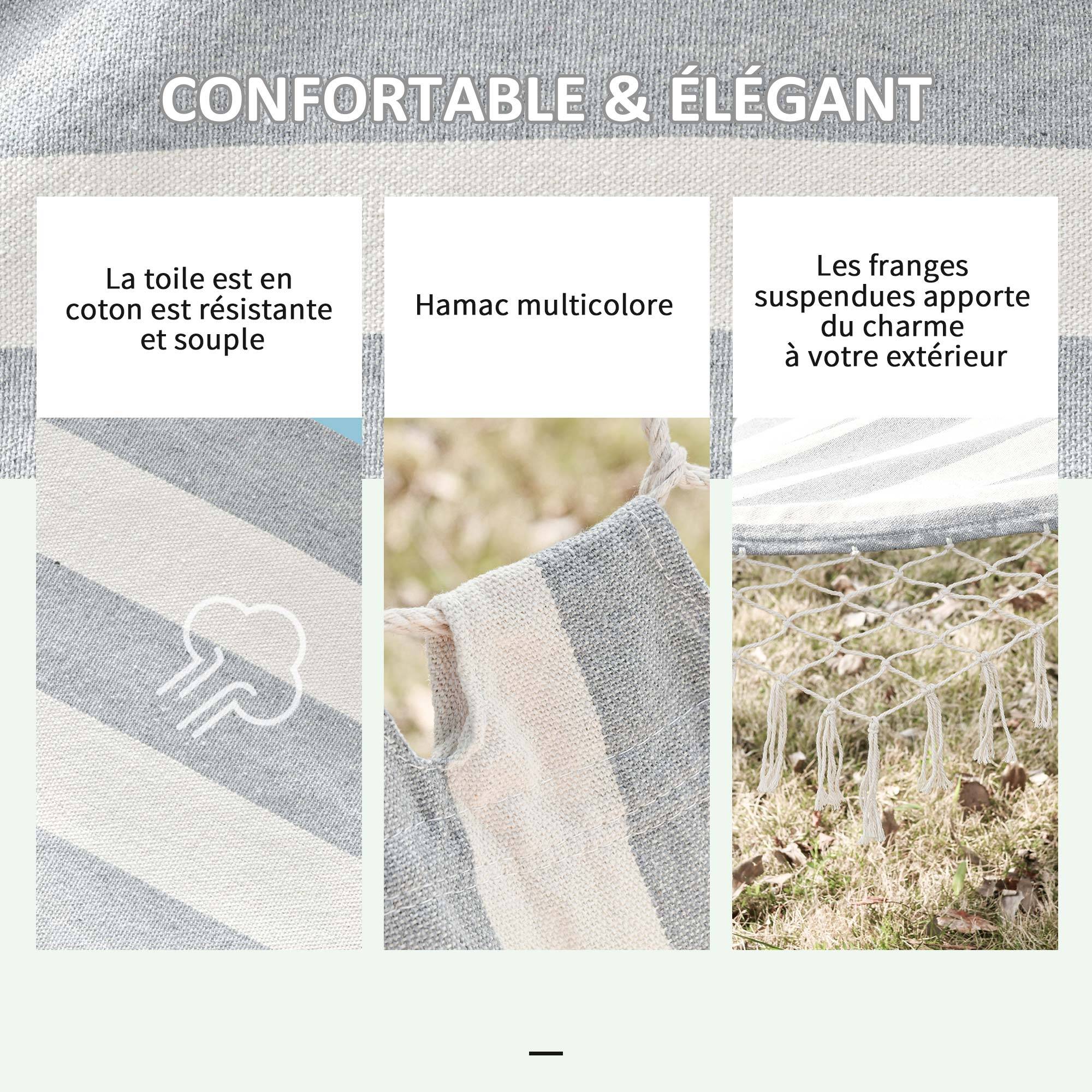 Hamac suspendu toile coton jardin terrasse design respirant 200x100cm gris écru rayé - ComfortXL Outdoor Living - Image 8