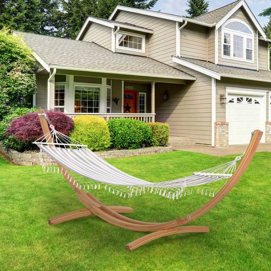 Hamac suspendu toile coton jardin terrasse design respirant 200x100cm gris écru rayé - ComfortXL Outdoor Living - Image 3